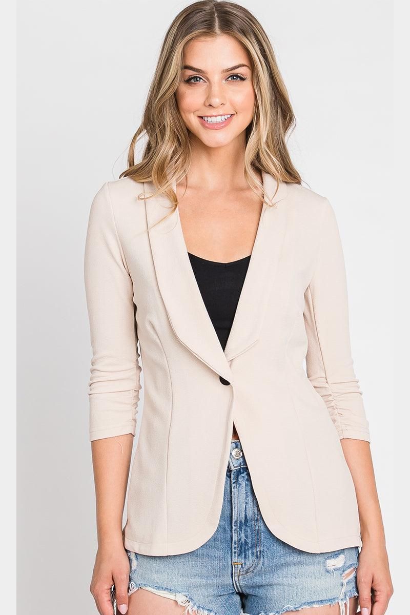 ONE BUTTON WITH SHIRRING DETAILED SLEEVE BLAZER - Doublju