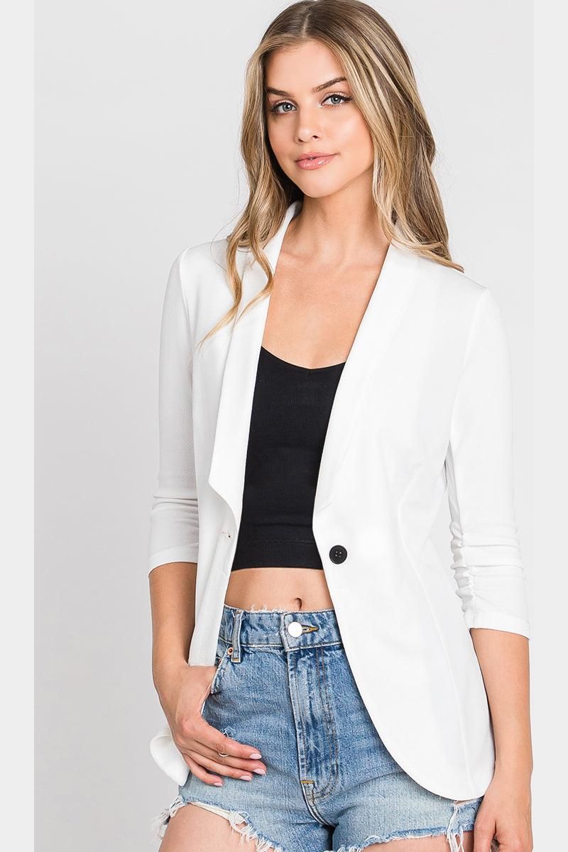 ONE BUTTON WITH SHIRRING DETAILED SLEEVE BLAZER - Doublju