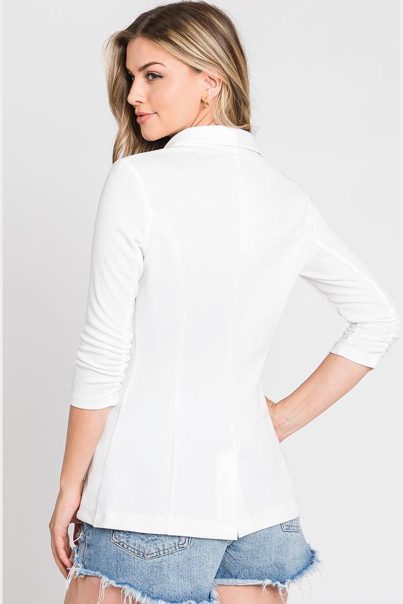 ONE BUTTON WITH SHIRRING DETAILED SLEEVE BLAZER - Doublju