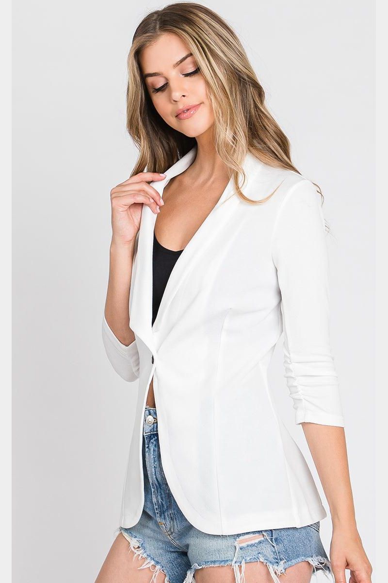 ONE BUTTON WITH SHIRRING DETAILED SLEEVE BLAZER - Doublju