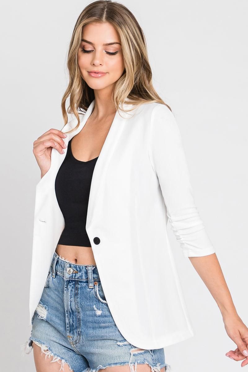 ONE BUTTON WITH SHIRRING DETAILED SLEEVE BLAZER - Doublju