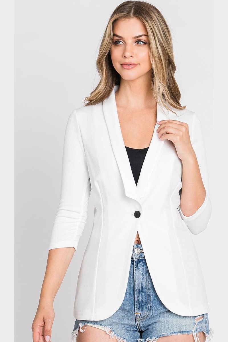 ONE BUTTON WITH SHIRRING DETAILED SLEEVE BLAZER - Doublju
