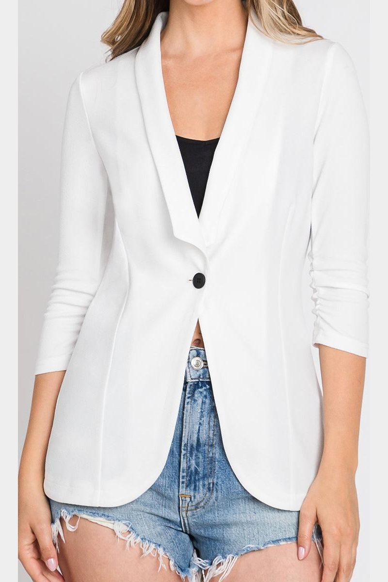 ONE BUTTON WITH SHIRRING DETAILED SLEEVE BLAZER - Doublju