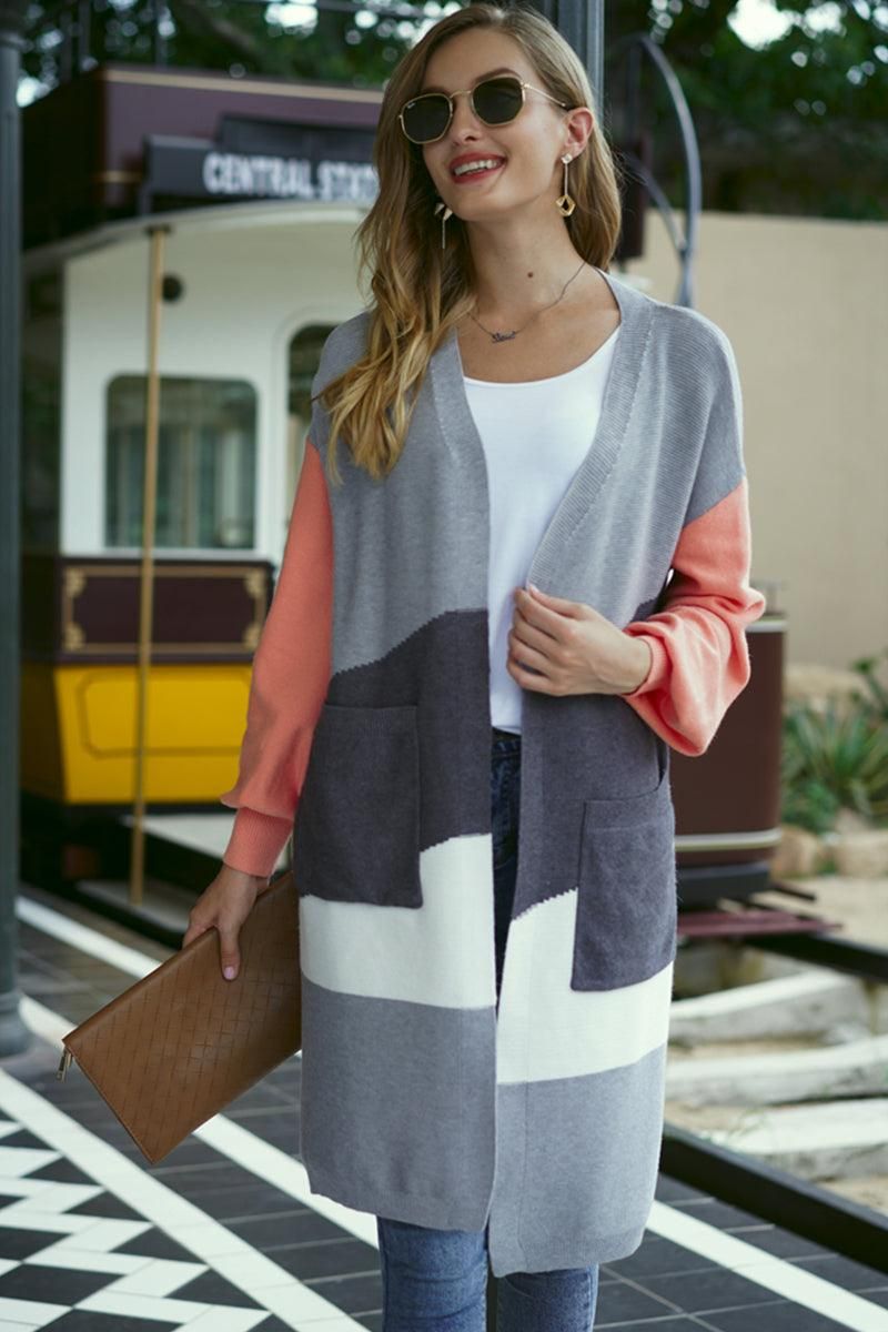 OPEN FRONT COLOR BLOCK LONG CARDIGAN COAT - Doublju