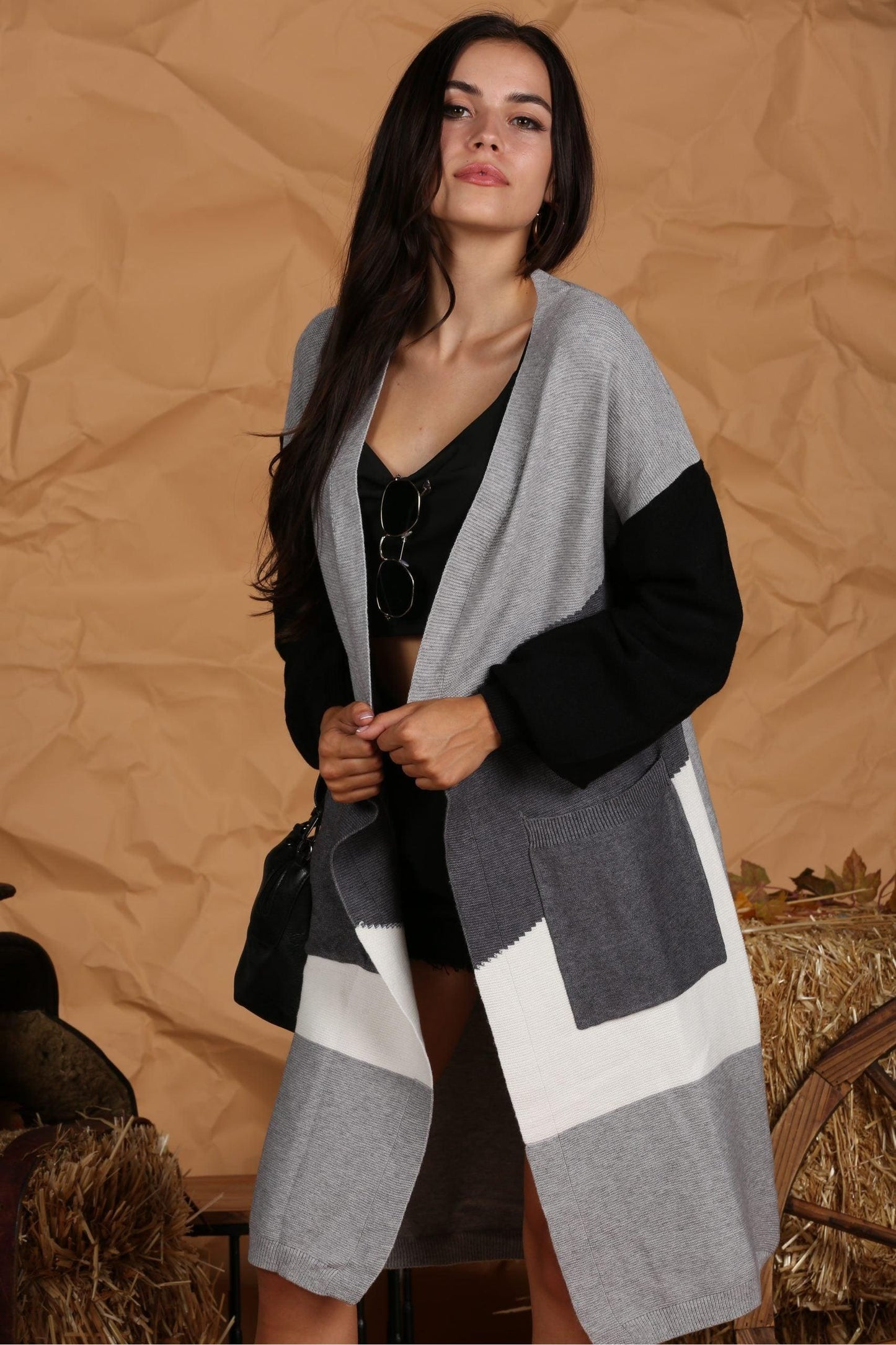 OPEN FRONT COLOR BLOCK LONG CARDIGAN COAT - Doublju
