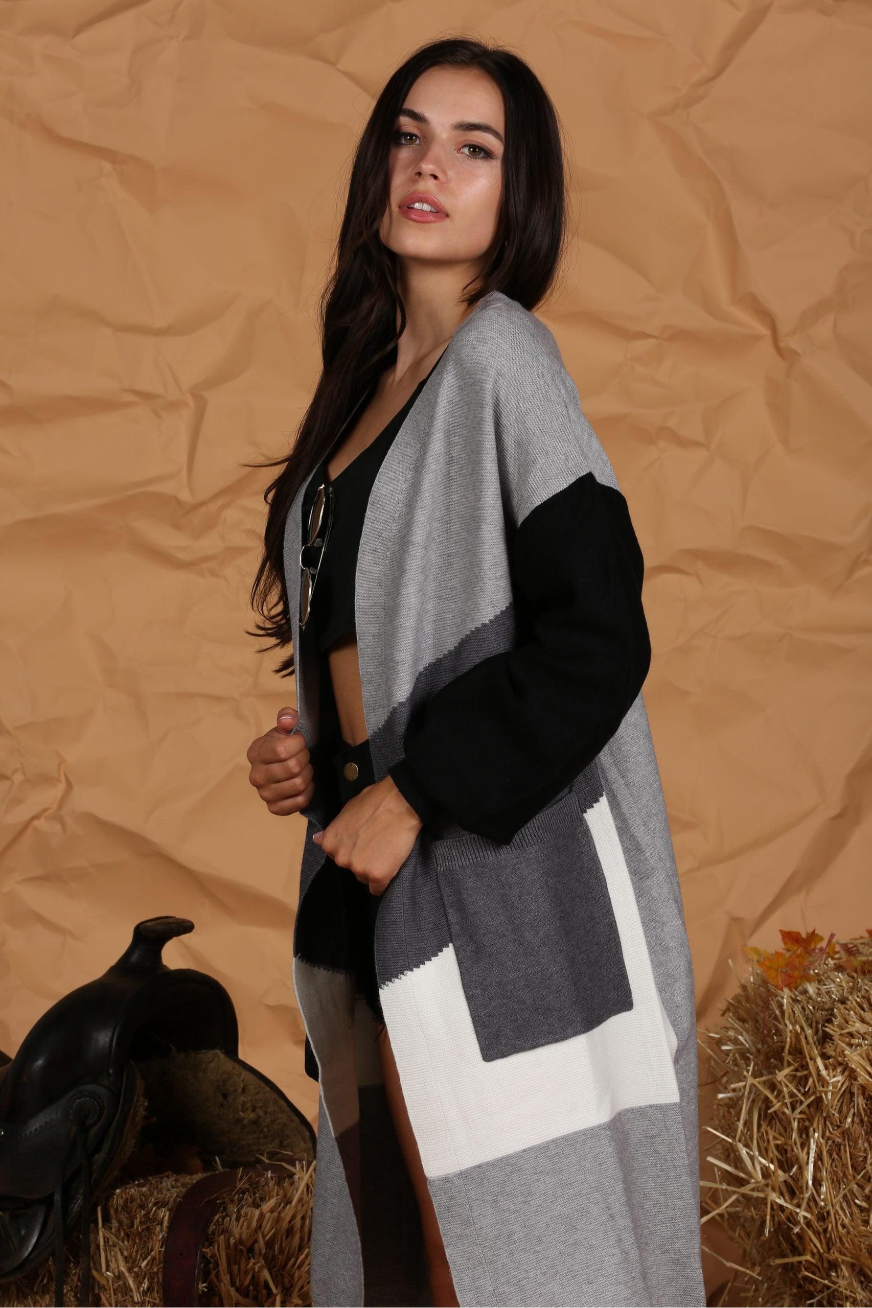 OPEN FRONT COLOR BLOCK LONG CARDIGAN COAT - Doublju