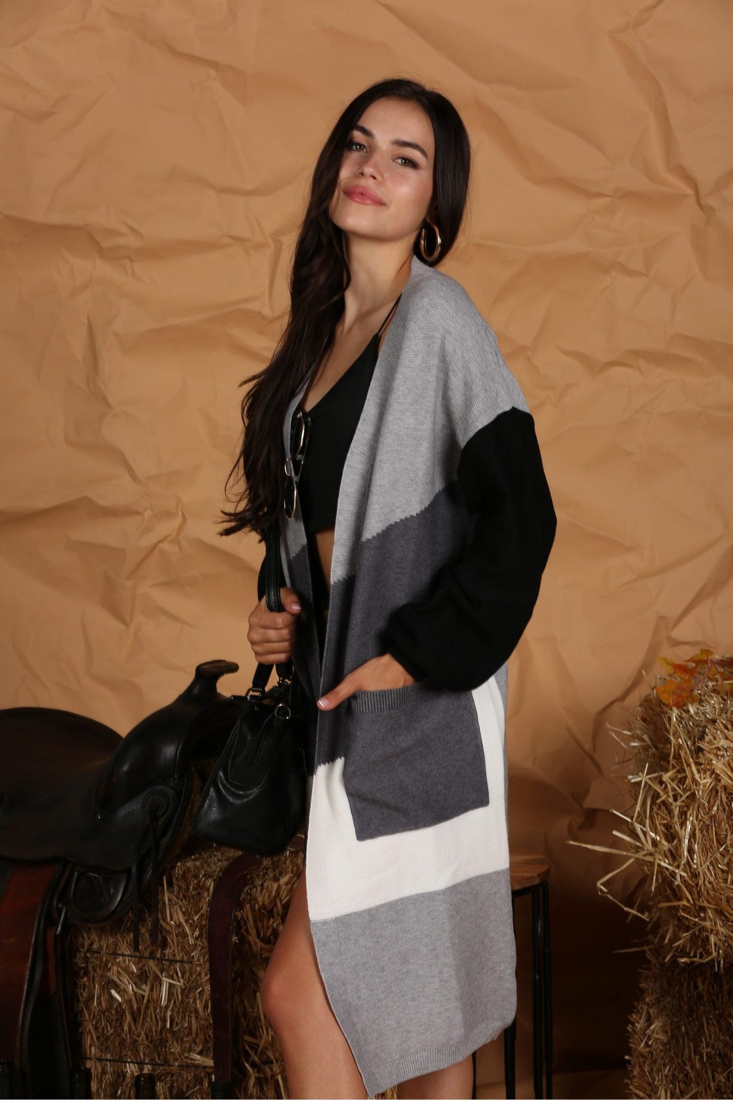 OPEN FRONT COLOR BLOCK LONG CARDIGAN COAT - Doublju