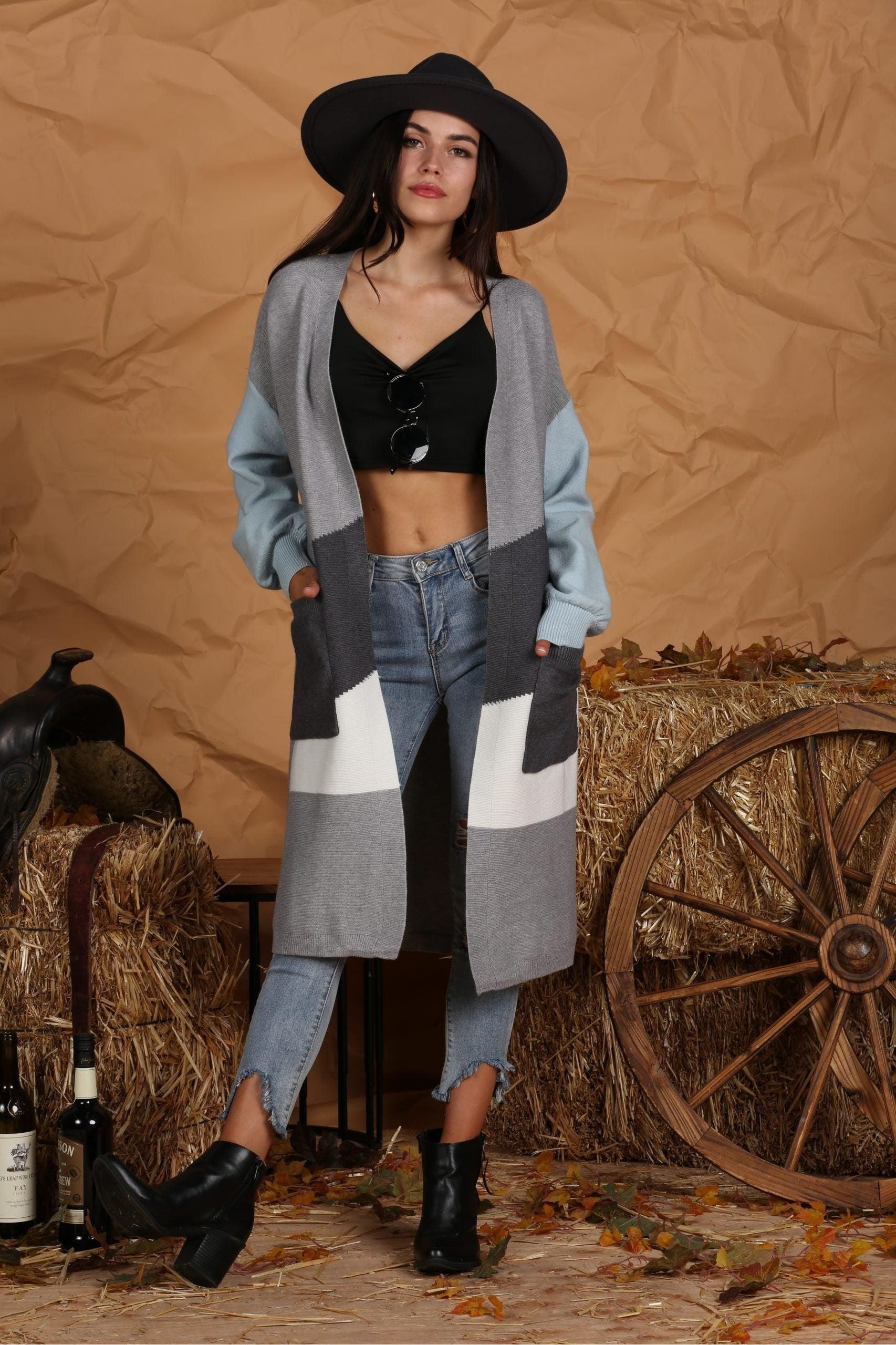 OPEN FRONT COLOR BLOCK LONG CARDIGAN COAT - Doublju