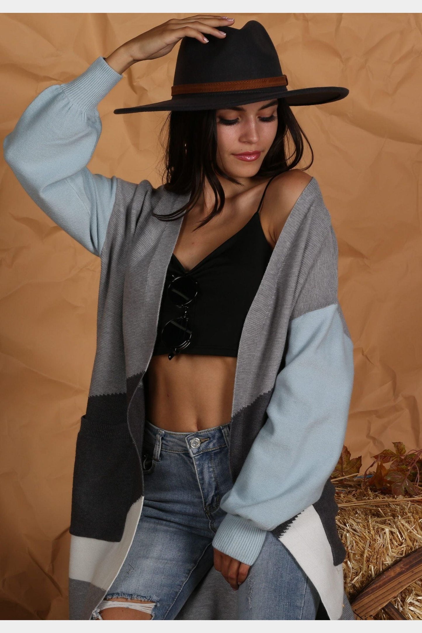 OPEN FRONT COLOR BLOCK LONG CARDIGAN COAT - Doublju