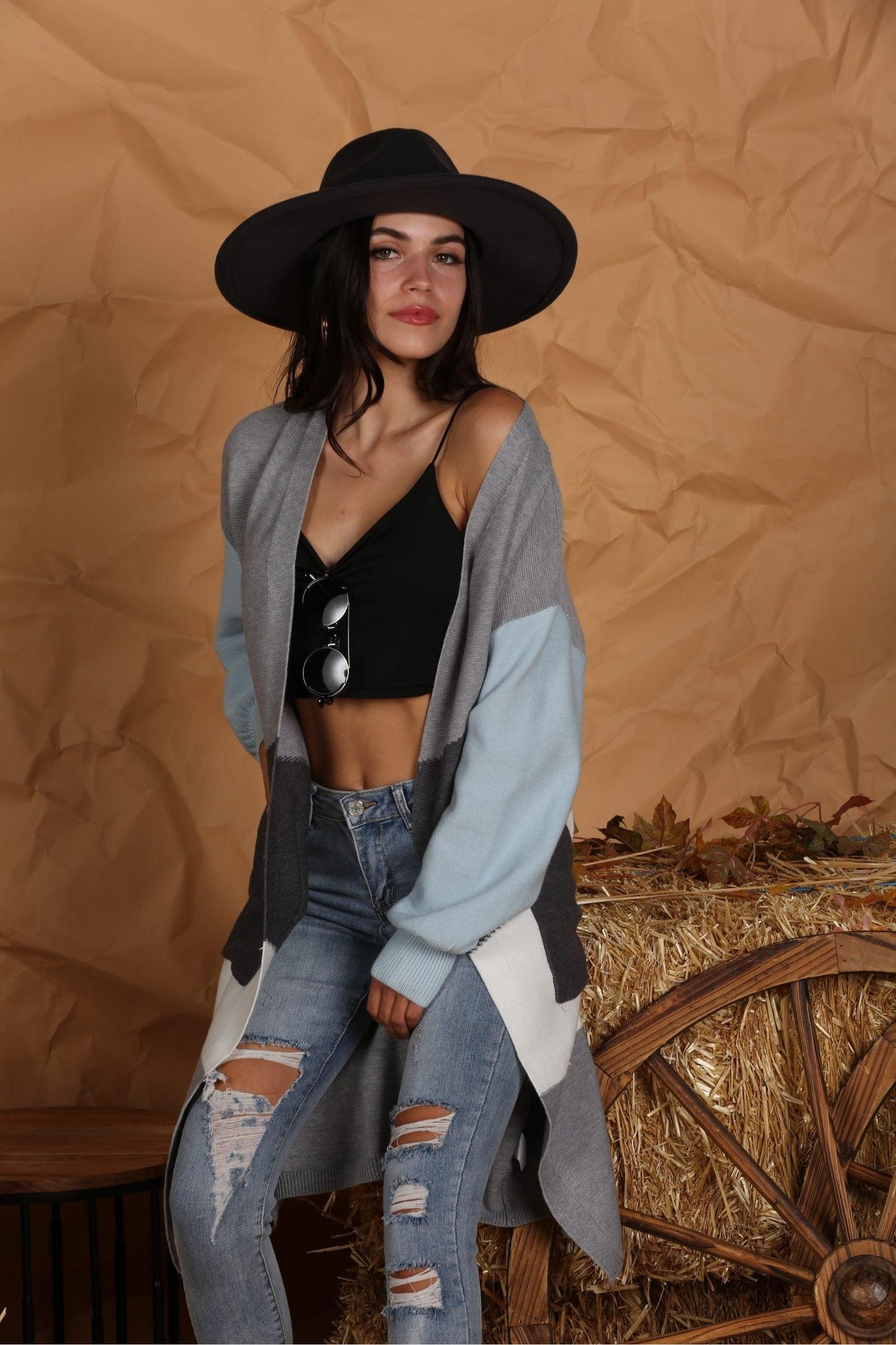 OPEN FRONT COLOR BLOCK LONG CARDIGAN COAT - Doublju