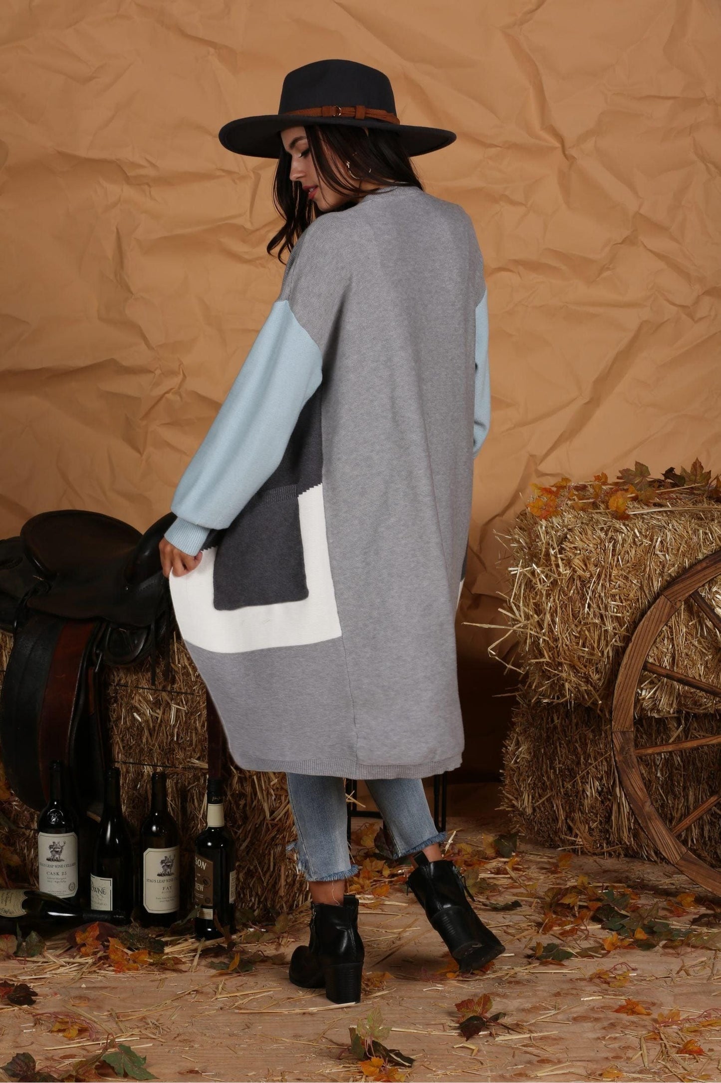 OPEN FRONT COLOR BLOCK LONG CARDIGAN COAT - Doublju