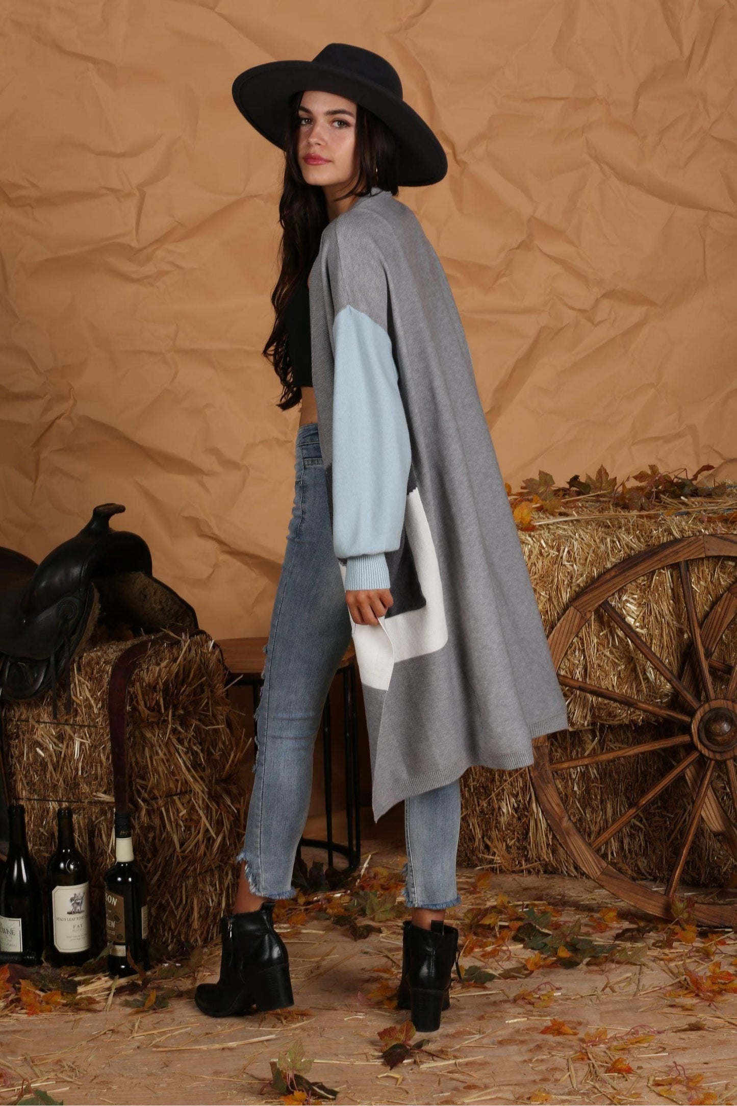 OPEN FRONT COLOR BLOCK LONG CARDIGAN COAT - Doublju