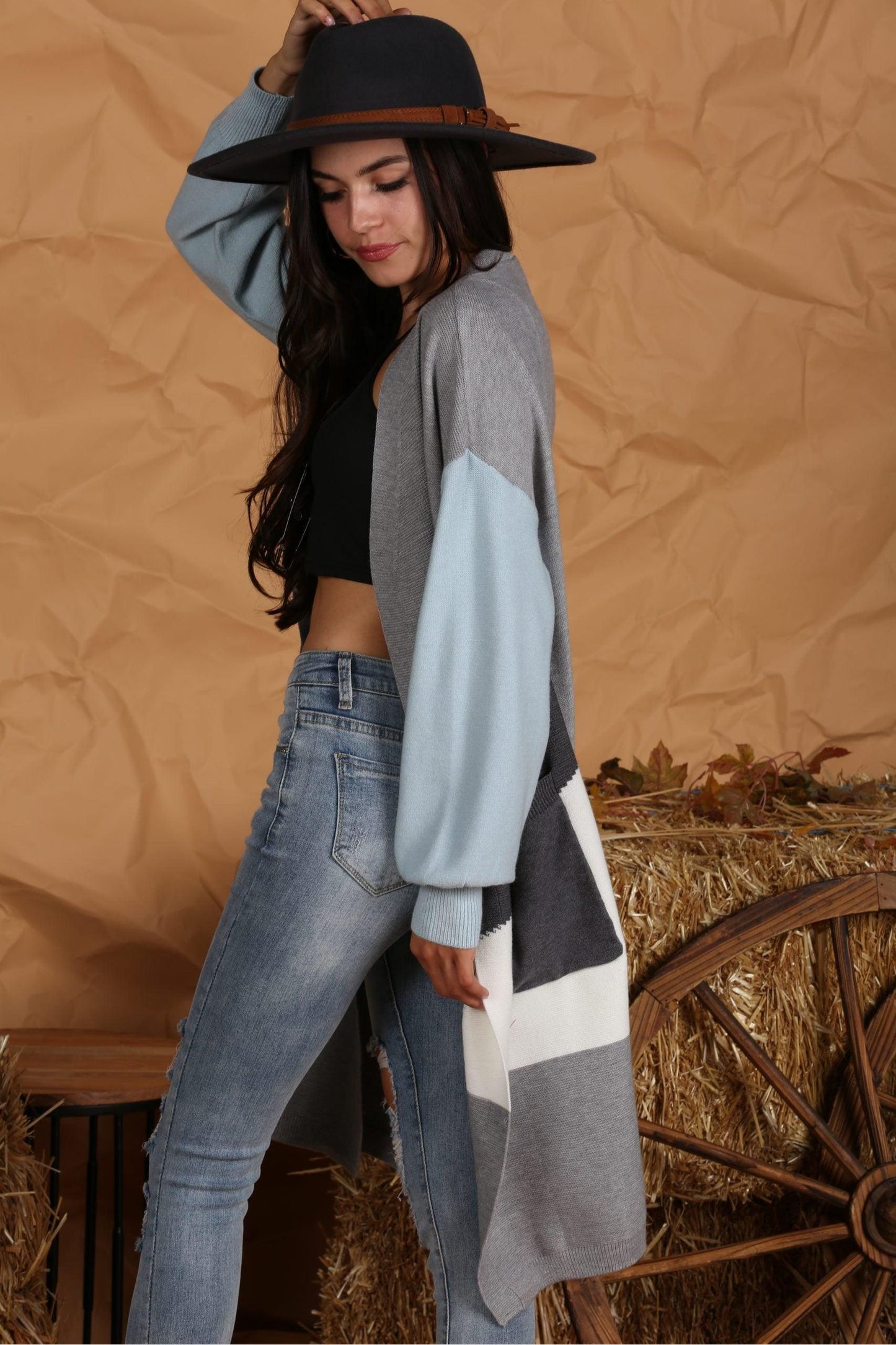 OPEN FRONT COLOR BLOCK LONG CARDIGAN COAT - Doublju