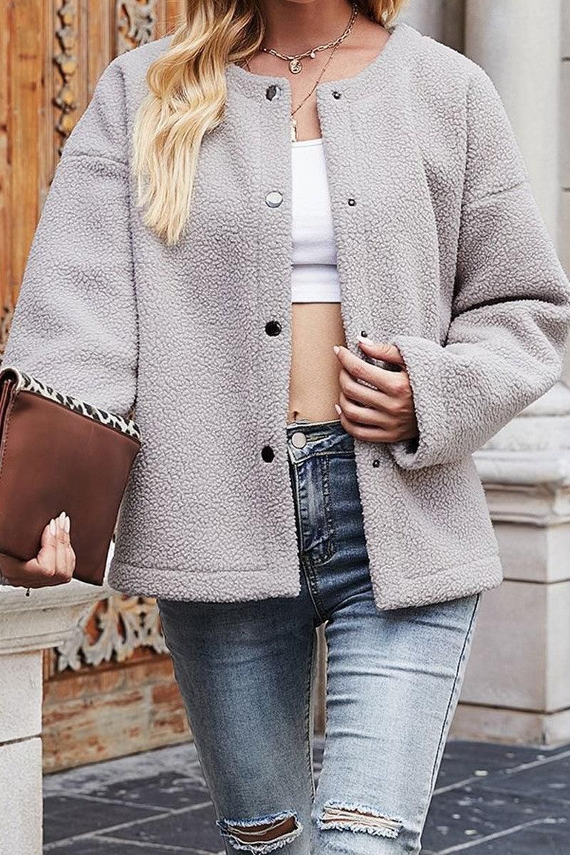 WOMEN BUTTONED OVERSEIZED FLEECE JACKET - Doublju