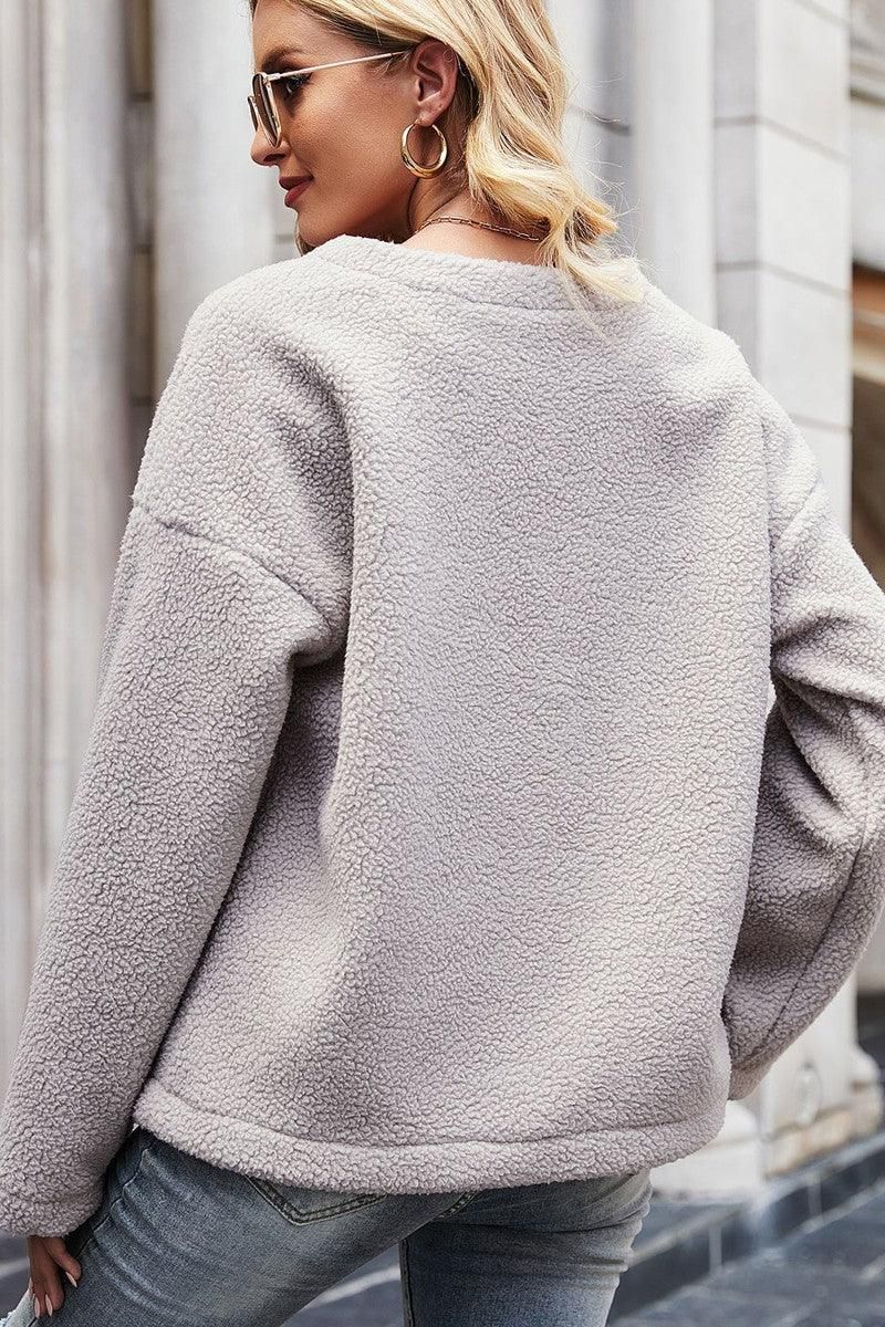 WOMEN BUTTONED OVERSEIZED FLEECE JACKET - Doublju