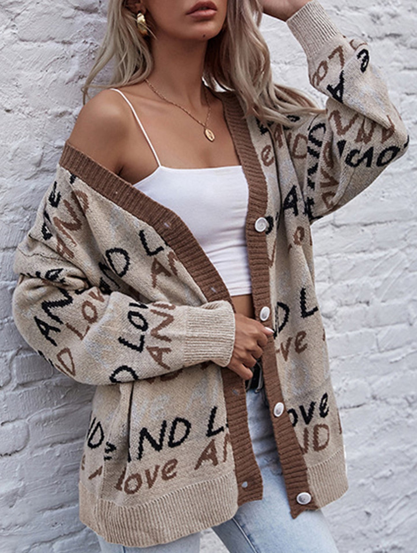 Letter jacquard mid-length cardigan
