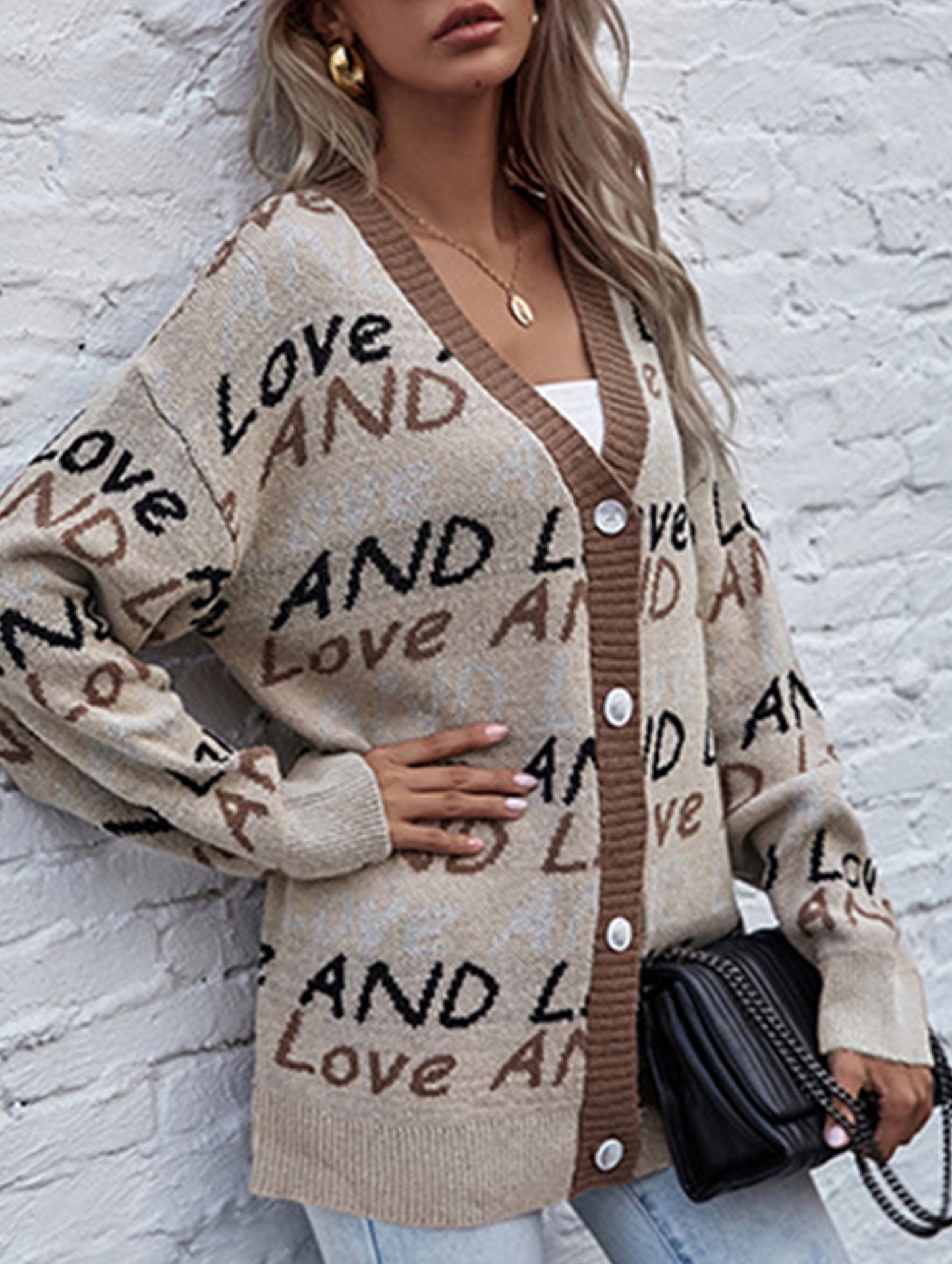 Letter jacquard mid-length cardigan