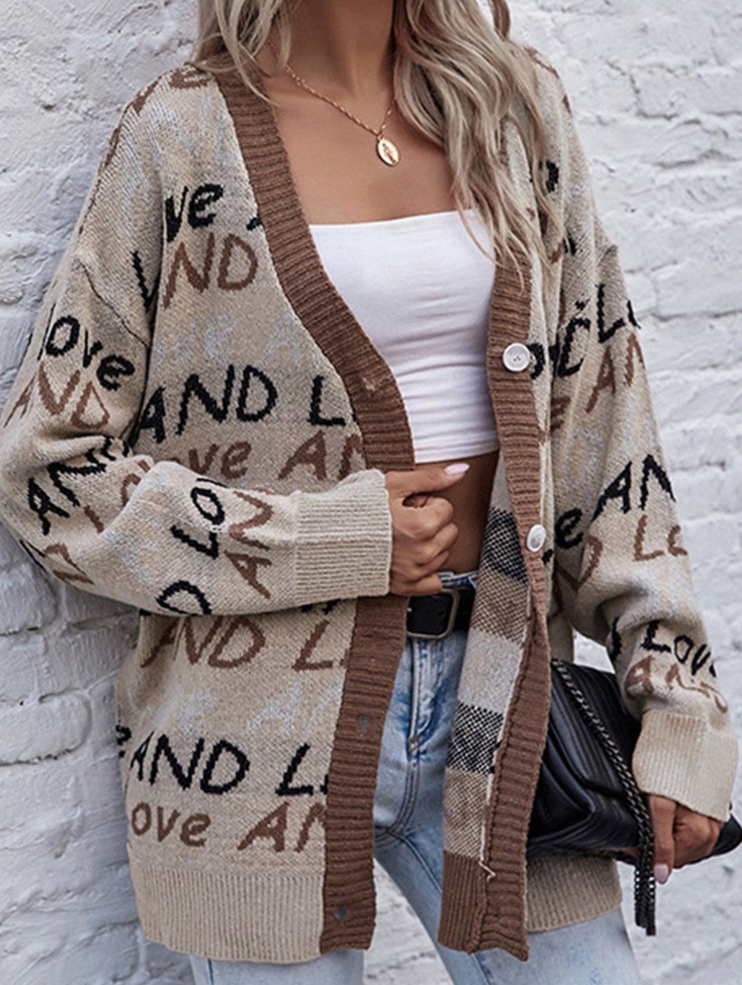 Letter jacquard mid-length cardigan