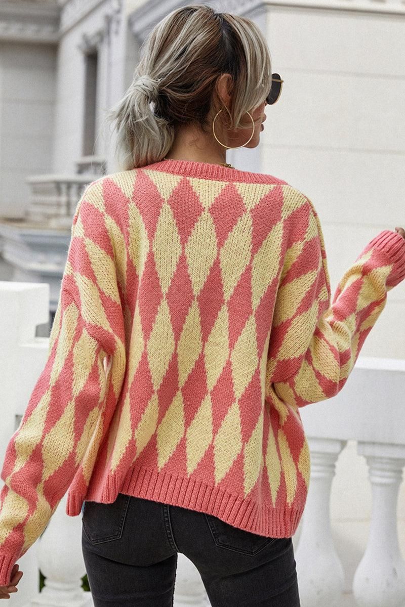 ROUND NECK BUTTON DOWN PLAID PATTERN CARDIGAN - Doublju