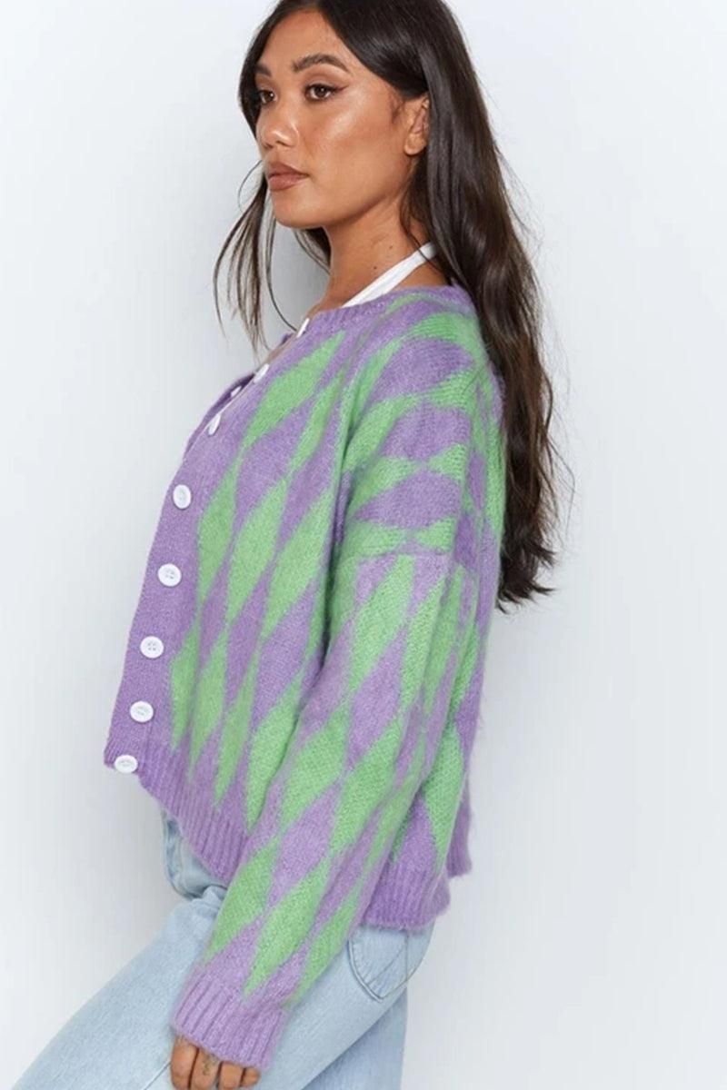 ROUND NECK BUTTON DOWN PLAID PATTERN CARDIGAN - Doublju