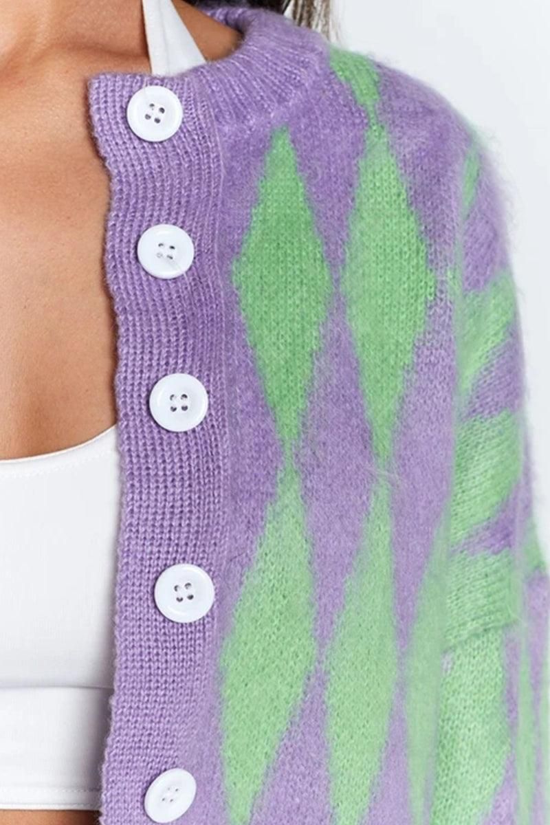 ROUND NECK BUTTON DOWN PLAID PATTERN CARDIGAN - Doublju