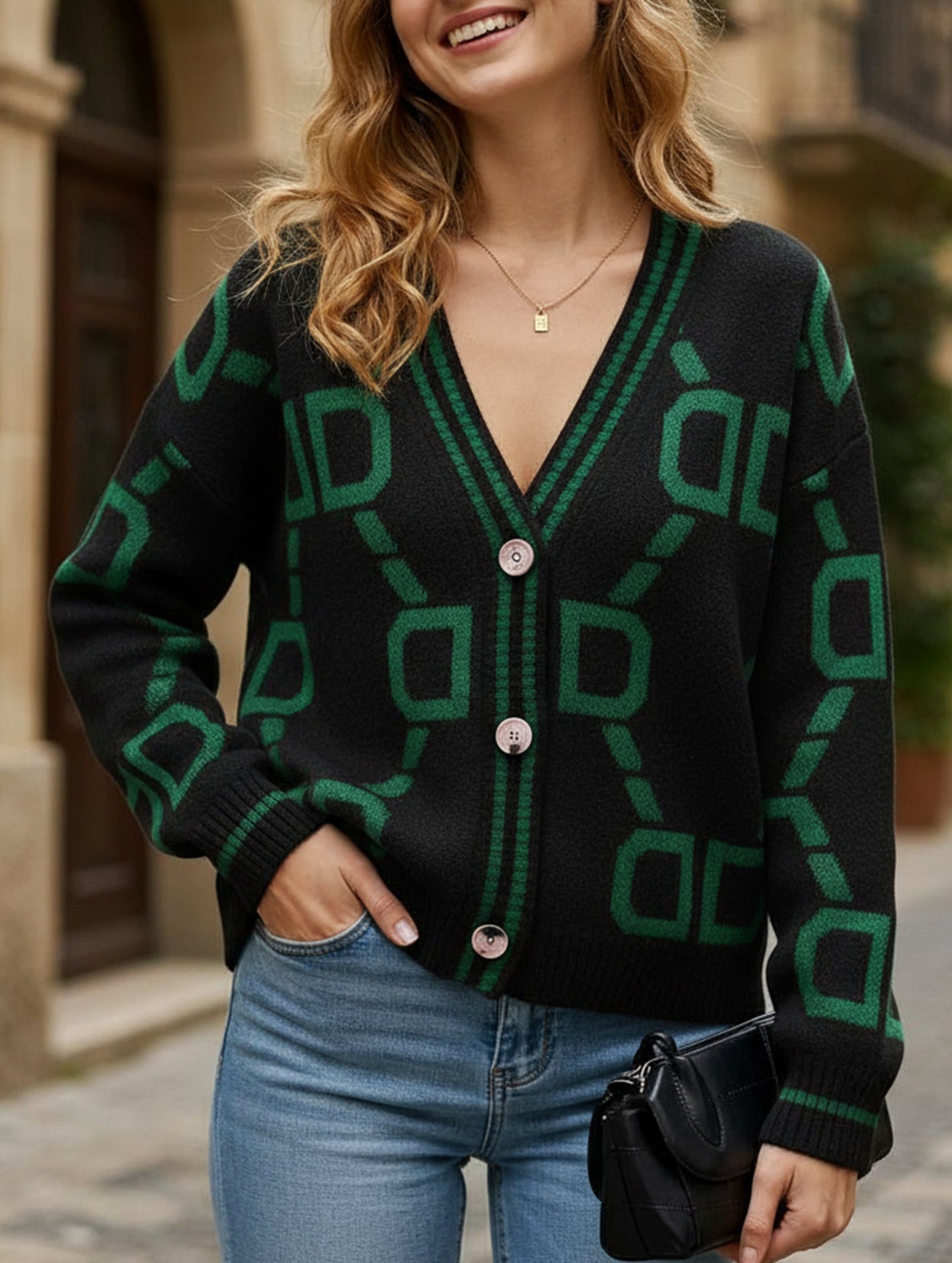 V-neck single-breasted knitted cardigan