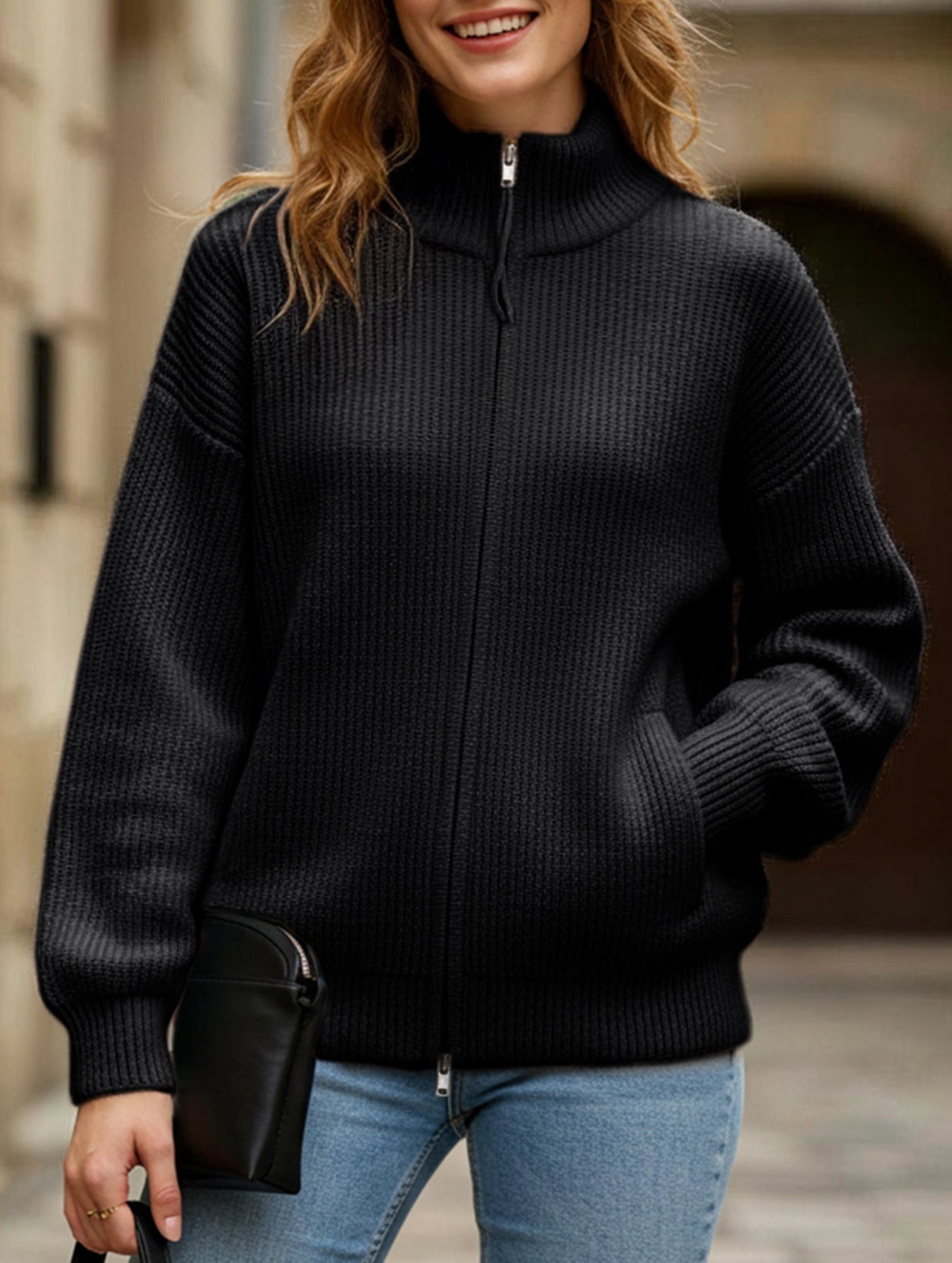 Double-ended zipper knitted cardigan