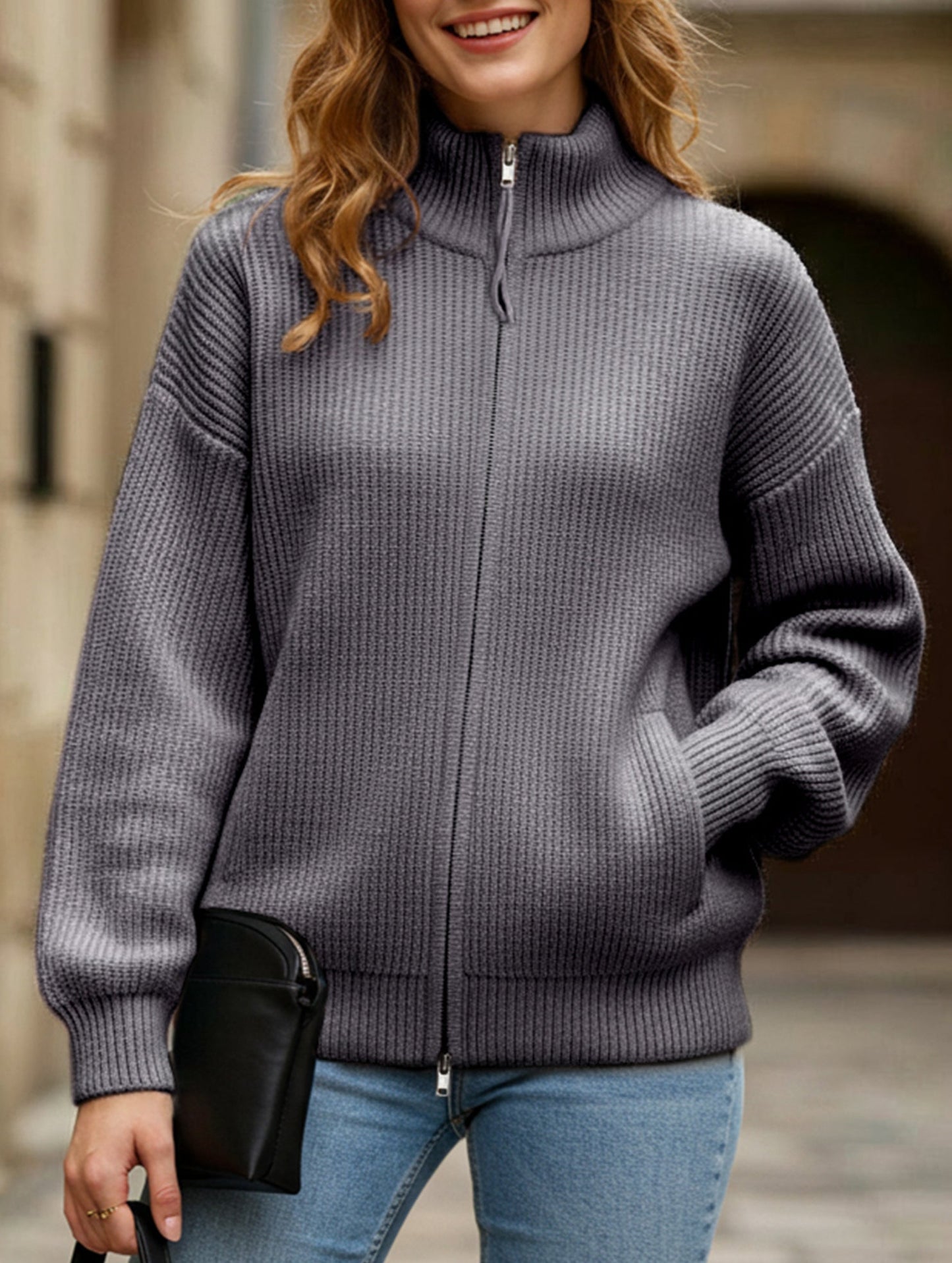 Double-ended zipper knitted cardigan