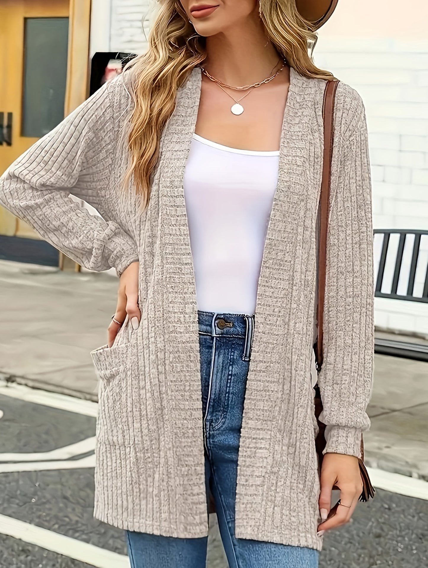 Long solid color long sleeve loose pocket cardigan