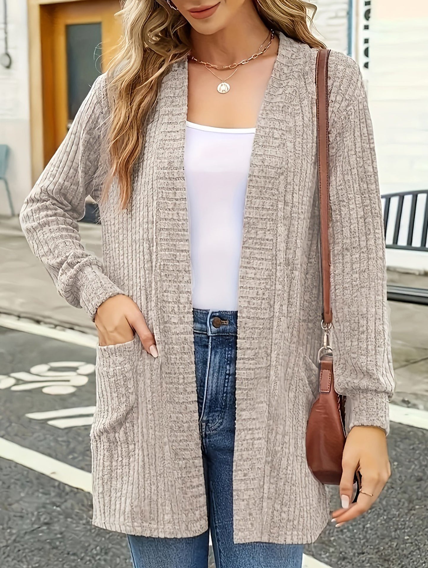 Long solid color long sleeve loose pocket cardigan