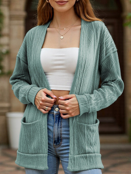 Knitted drop shoulder double pocket cardigan