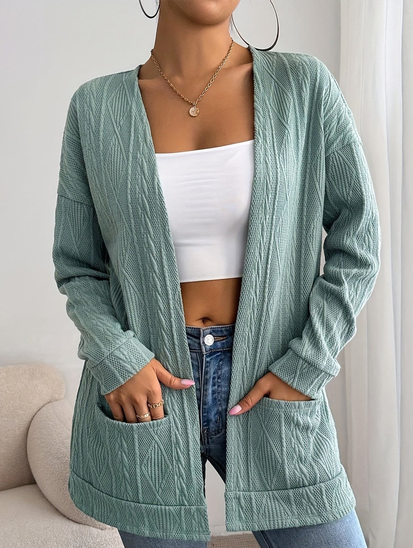 Knitted drop shoulder double pocket cardigan
