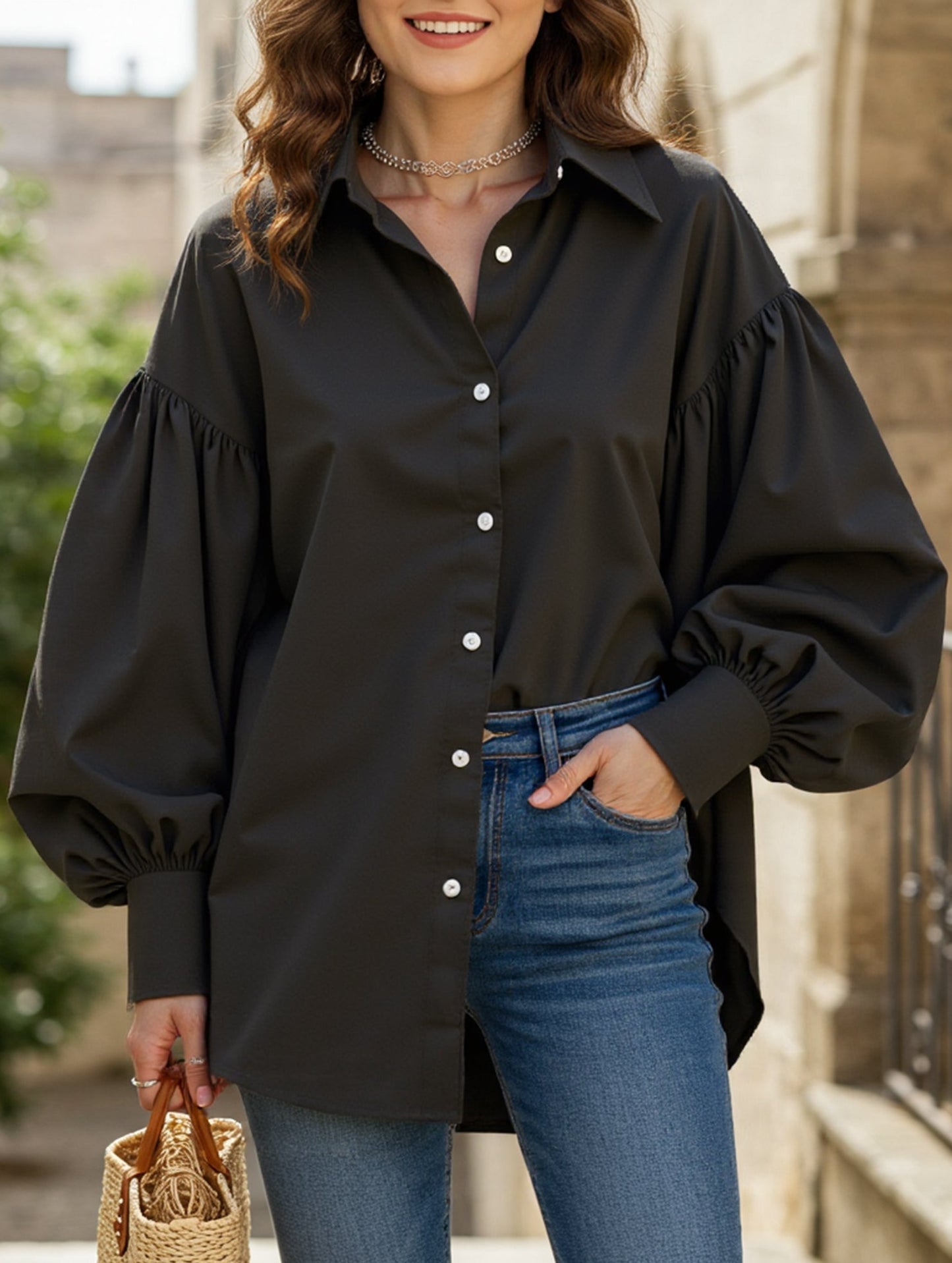 Retro solid color lapel casual shirt