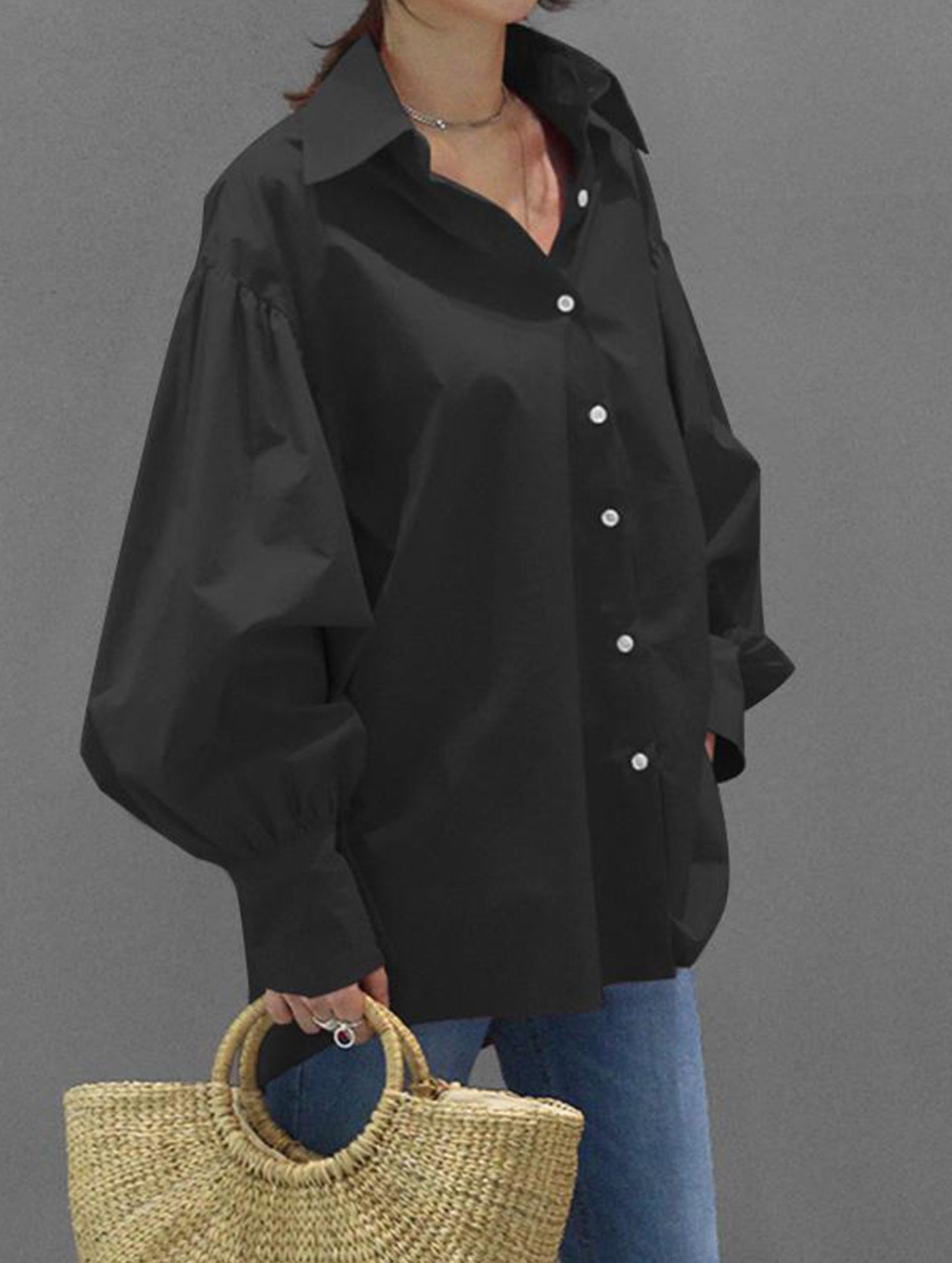 Retro solid color lapel casual shirt