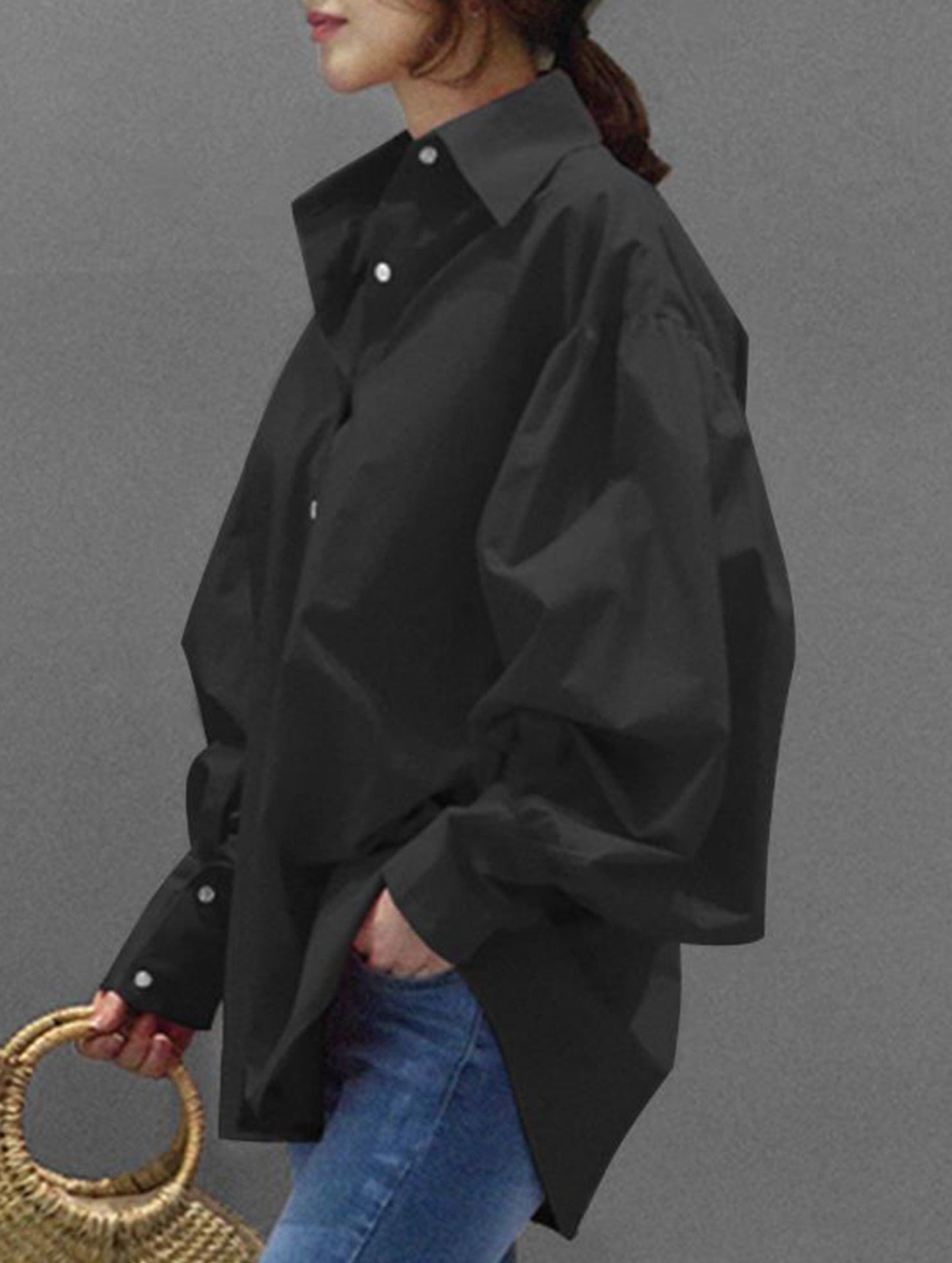 Retro solid color lapel casual shirt