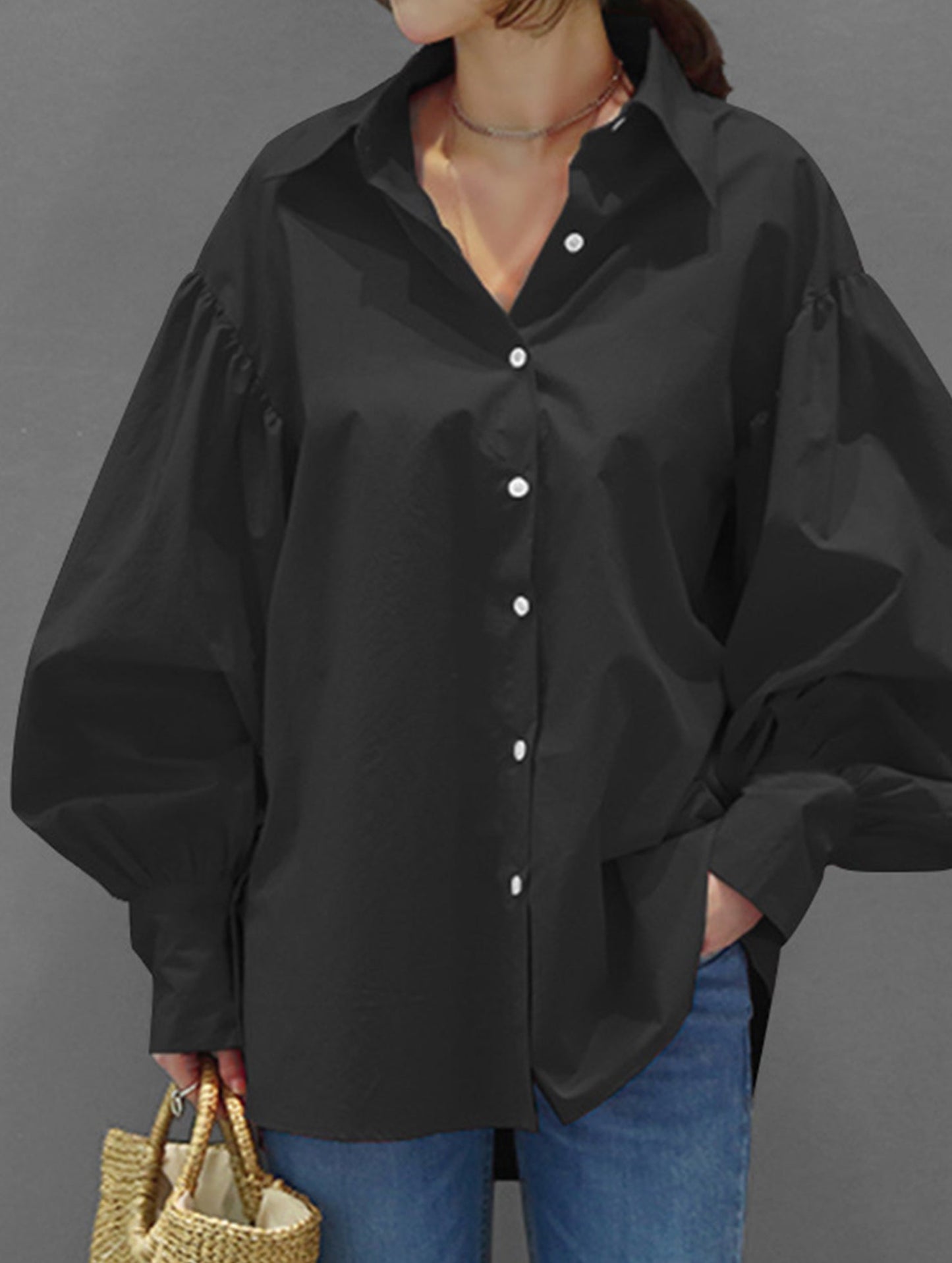 Retro solid color lapel casual shirt