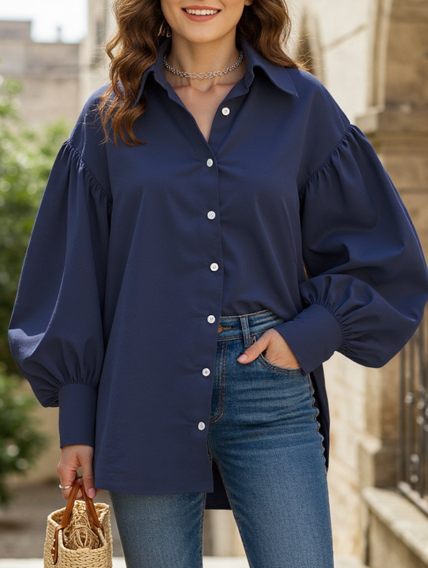 Retro solid color lapel casual shirt