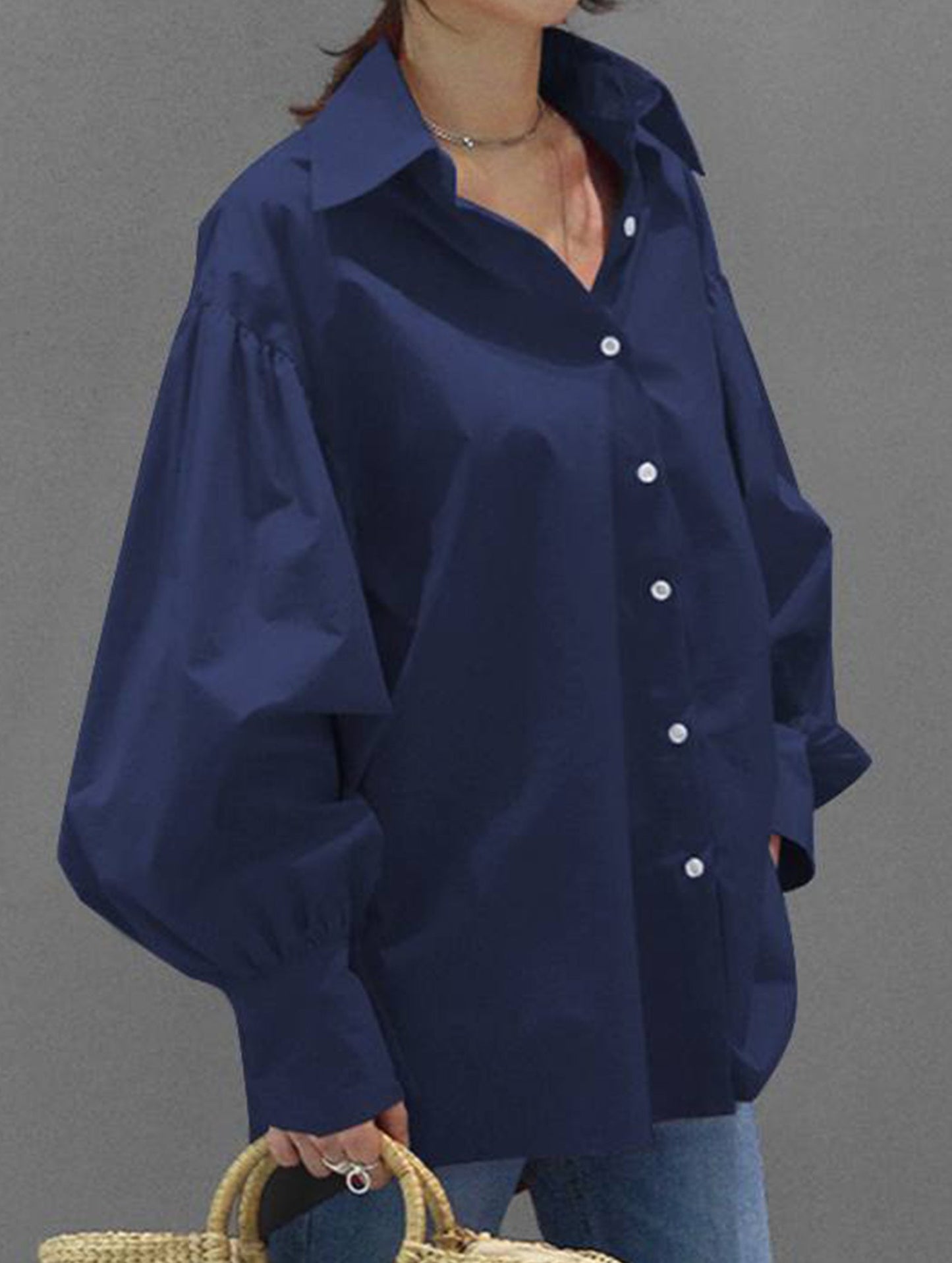 Retro solid color lapel casual shirt