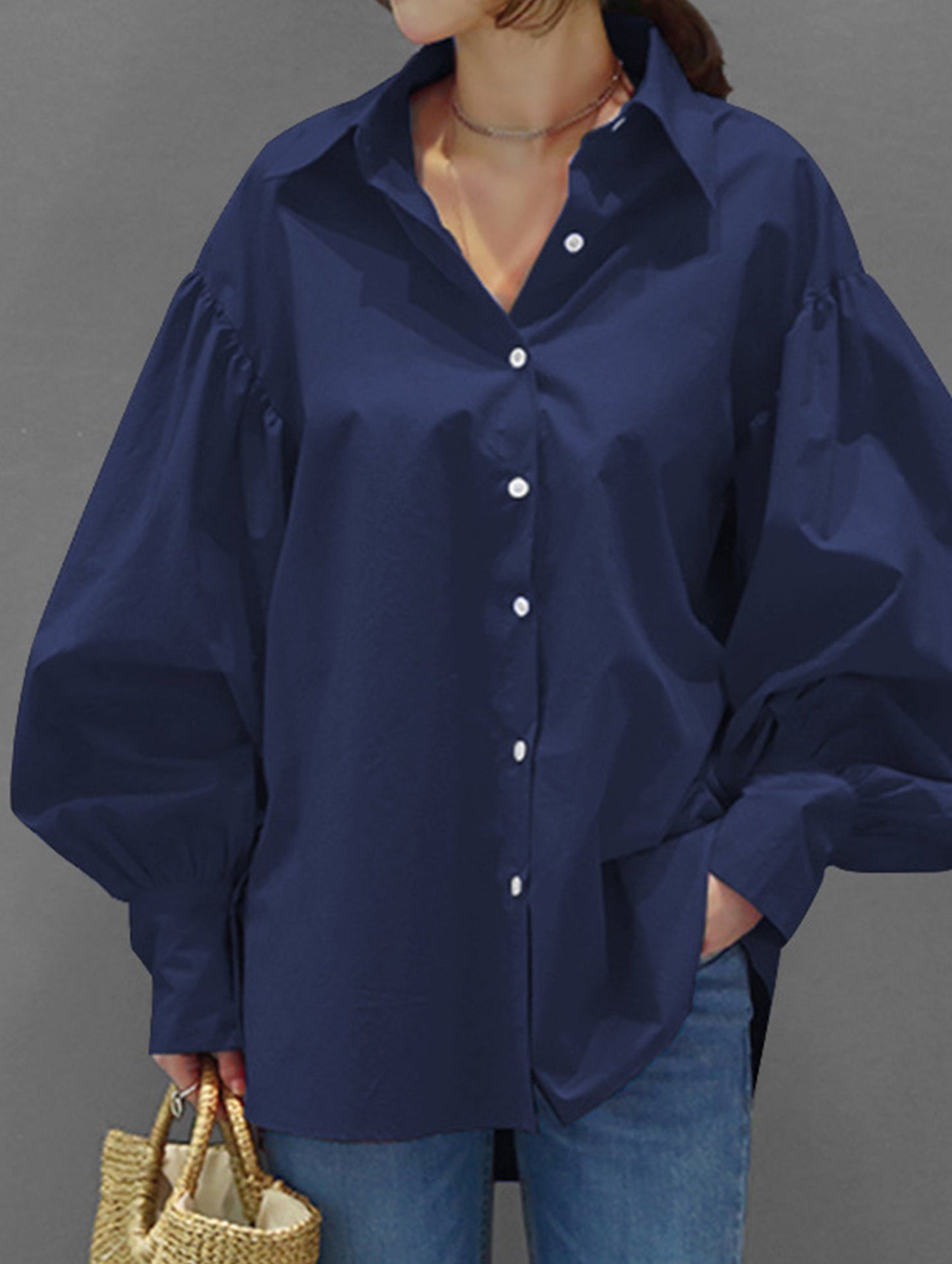 Retro solid color lapel casual shirt