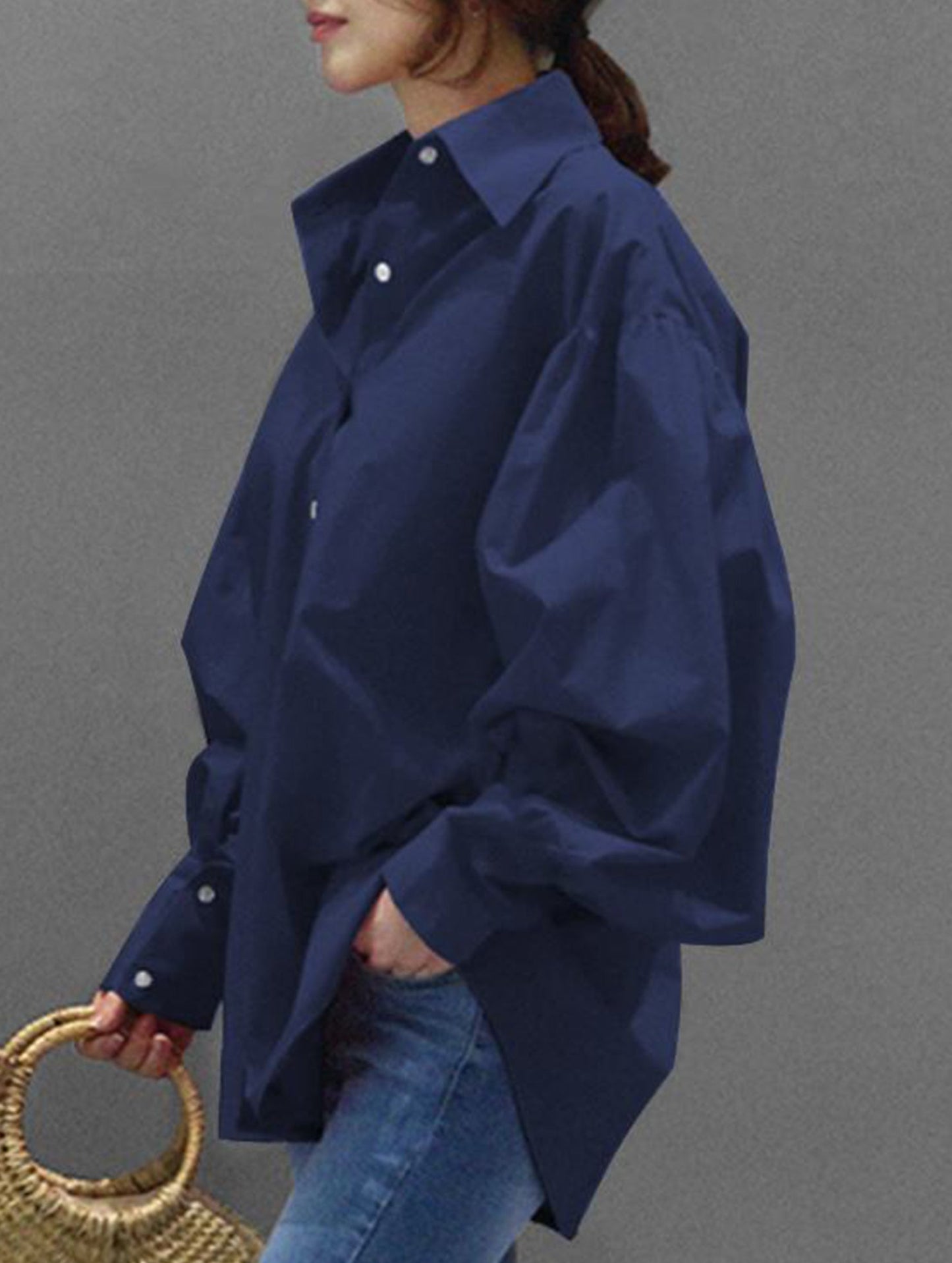 Retro solid color lapel casual shirt