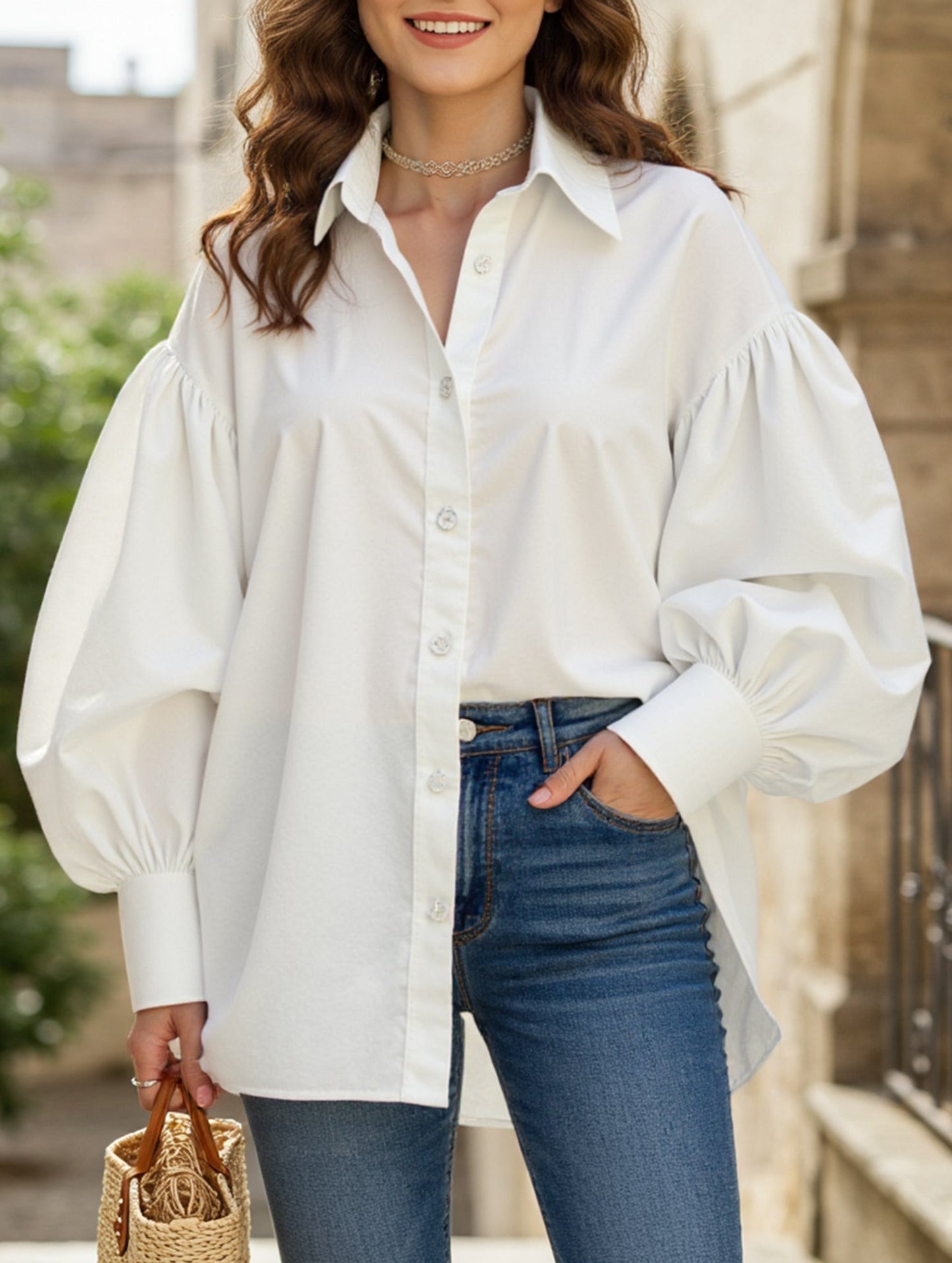 Retro solid color lapel casual shirt