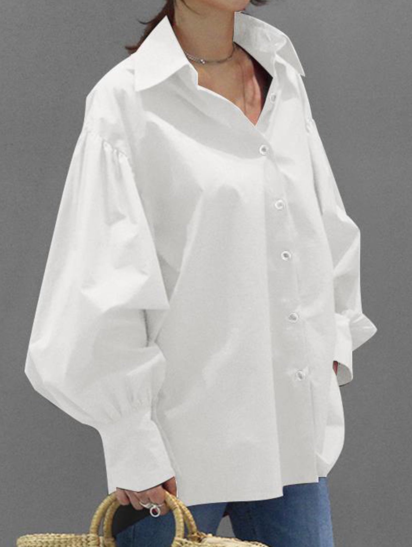 Retro solid color lapel casual shirt