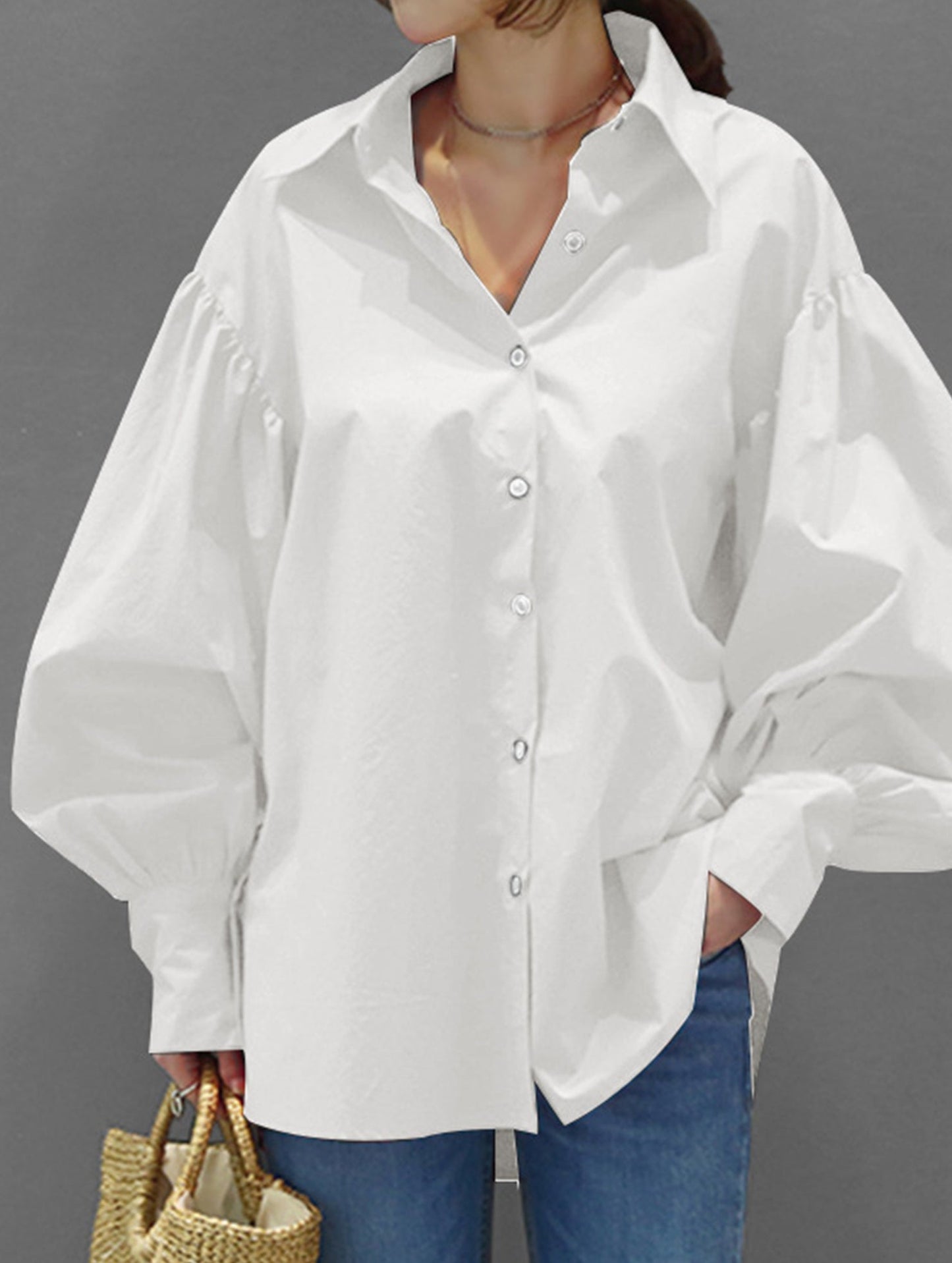 Retro solid color lapel casual shirt