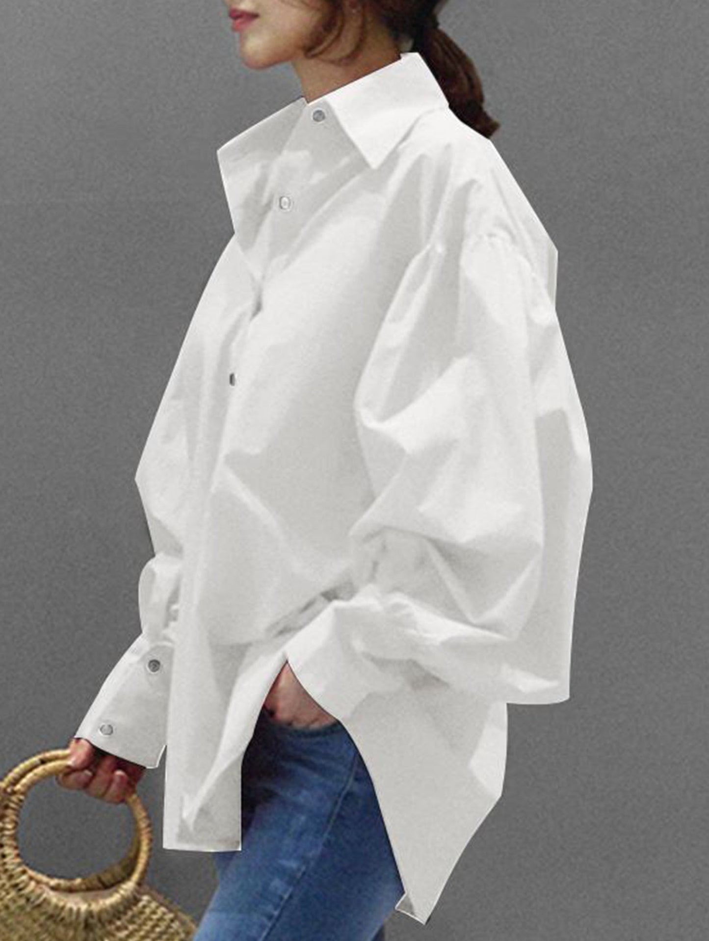 Retro solid color lapel casual shirt