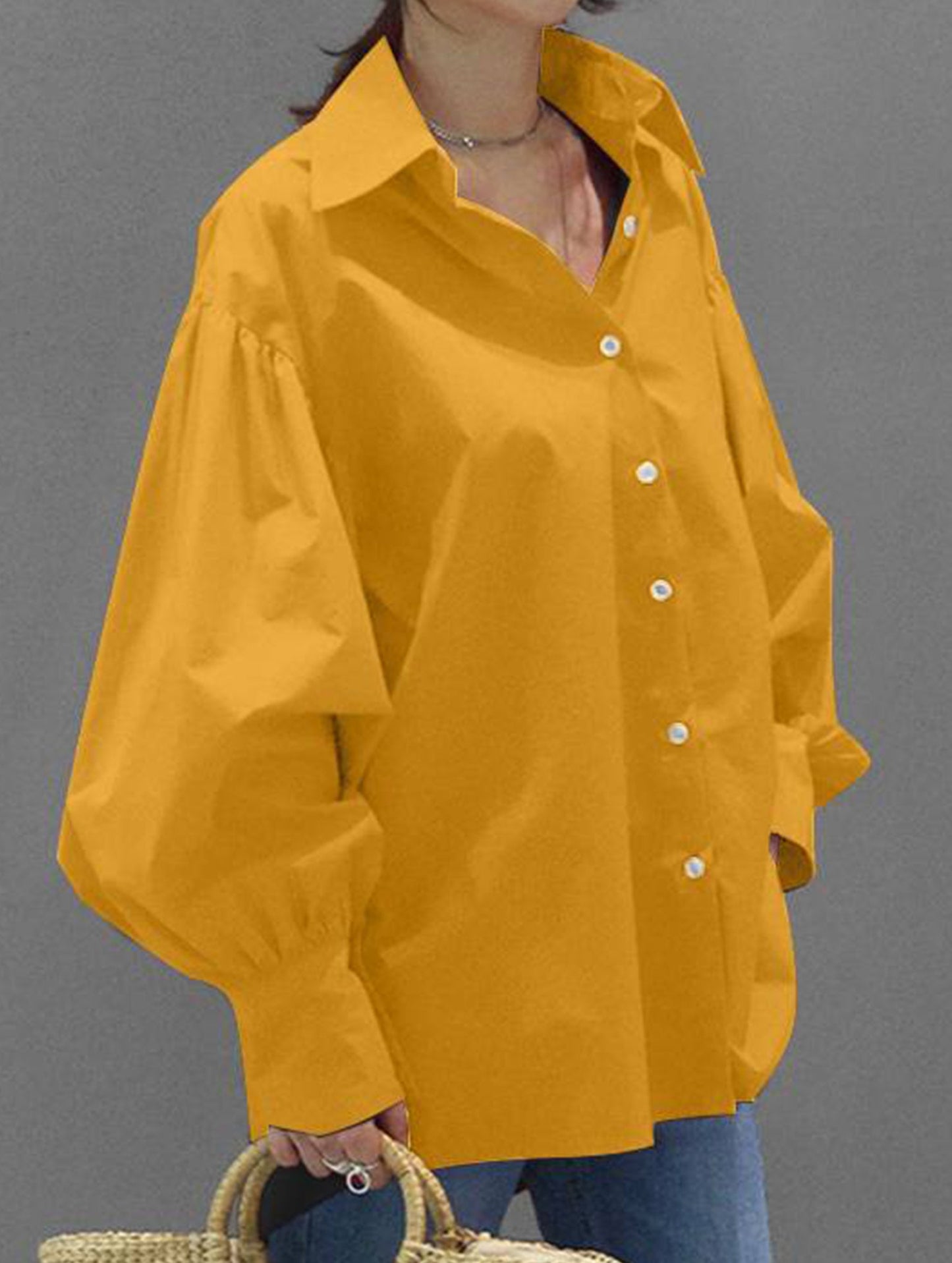 Retro solid color lapel casual shirt