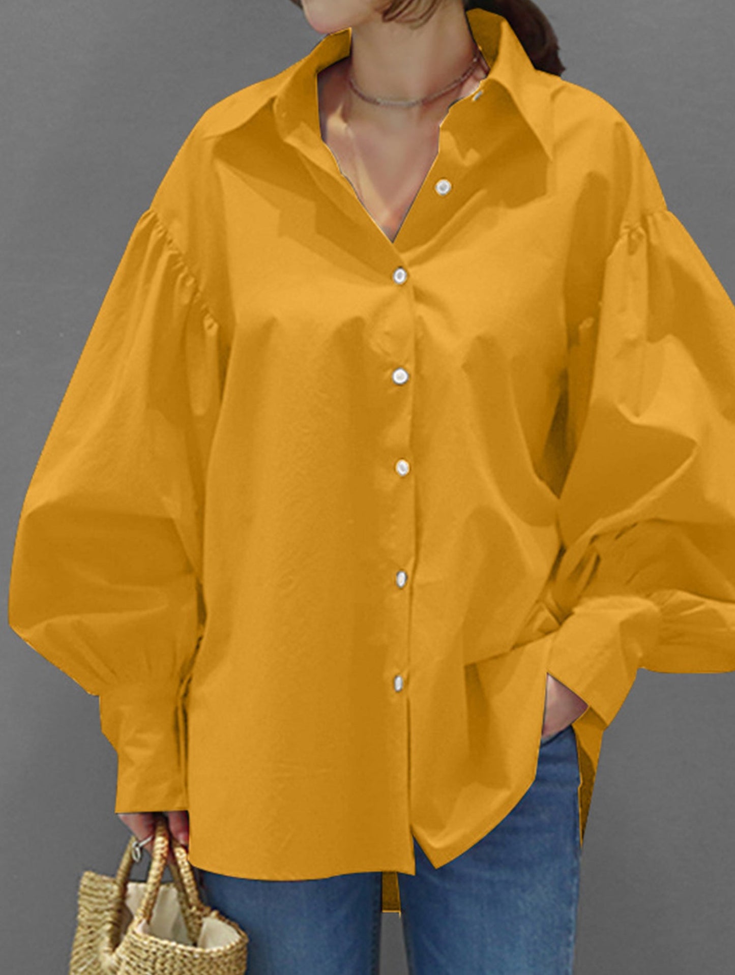 Retro solid color lapel casual shirt