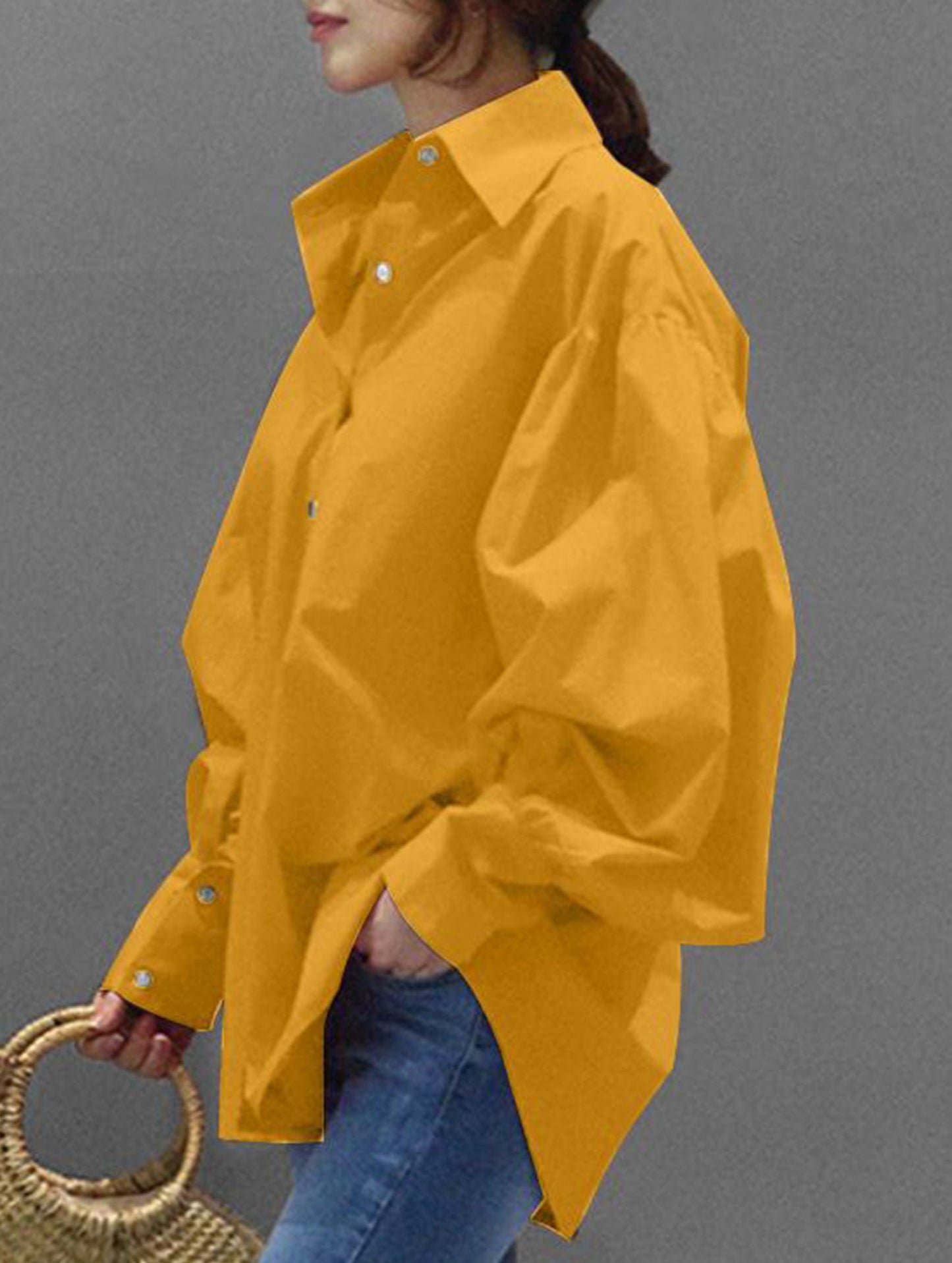 Retro solid color lapel casual shirt