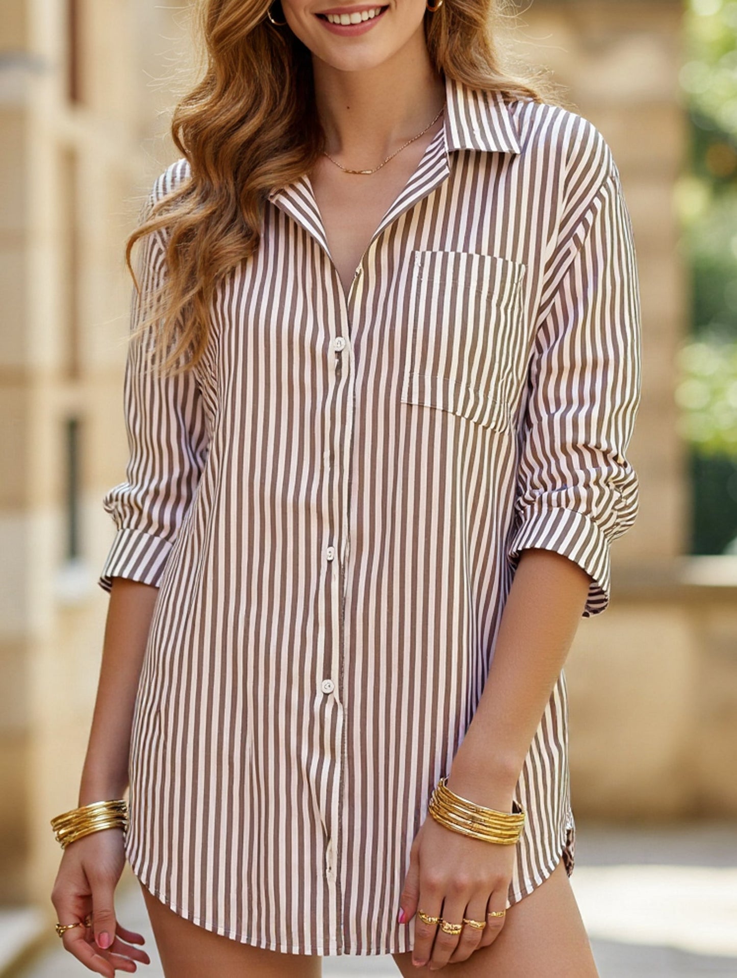 Striped lapel long-sleeved cardigan shirt