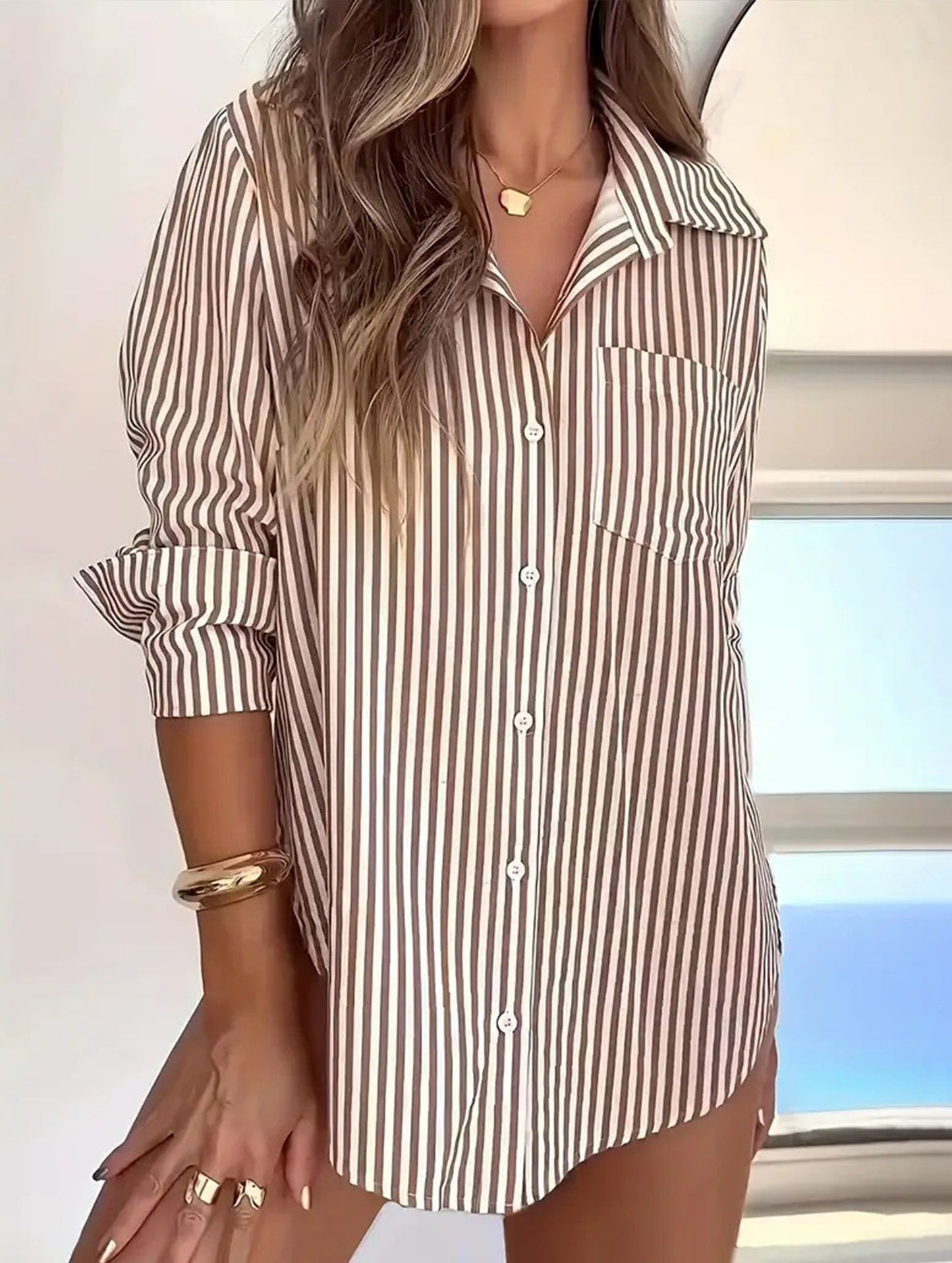 Striped lapel long-sleeved cardigan shirt