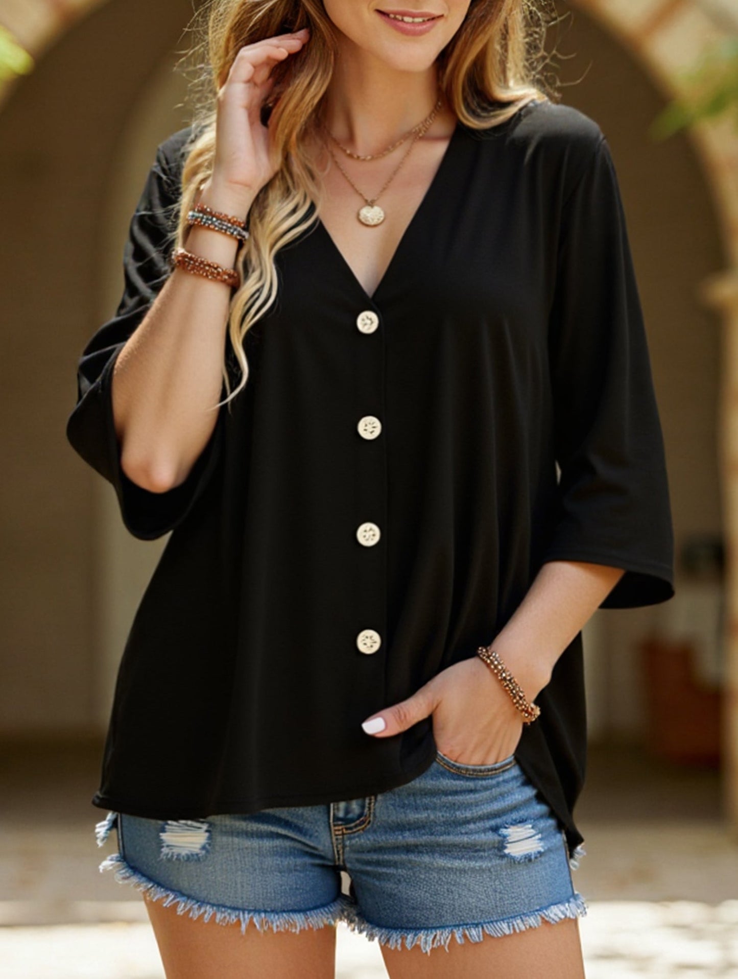 V-Neck Button T-Shirt Cardigan Top